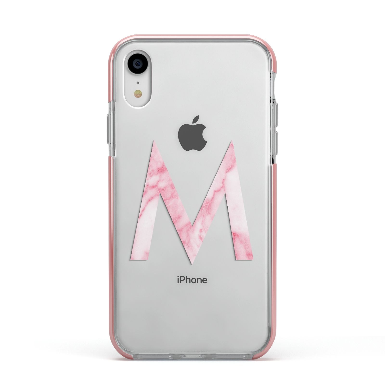 Personalised Pink Marble Initial Clear Custom Apple iPhone XR Impact Case Pink Edge on Silver Phone