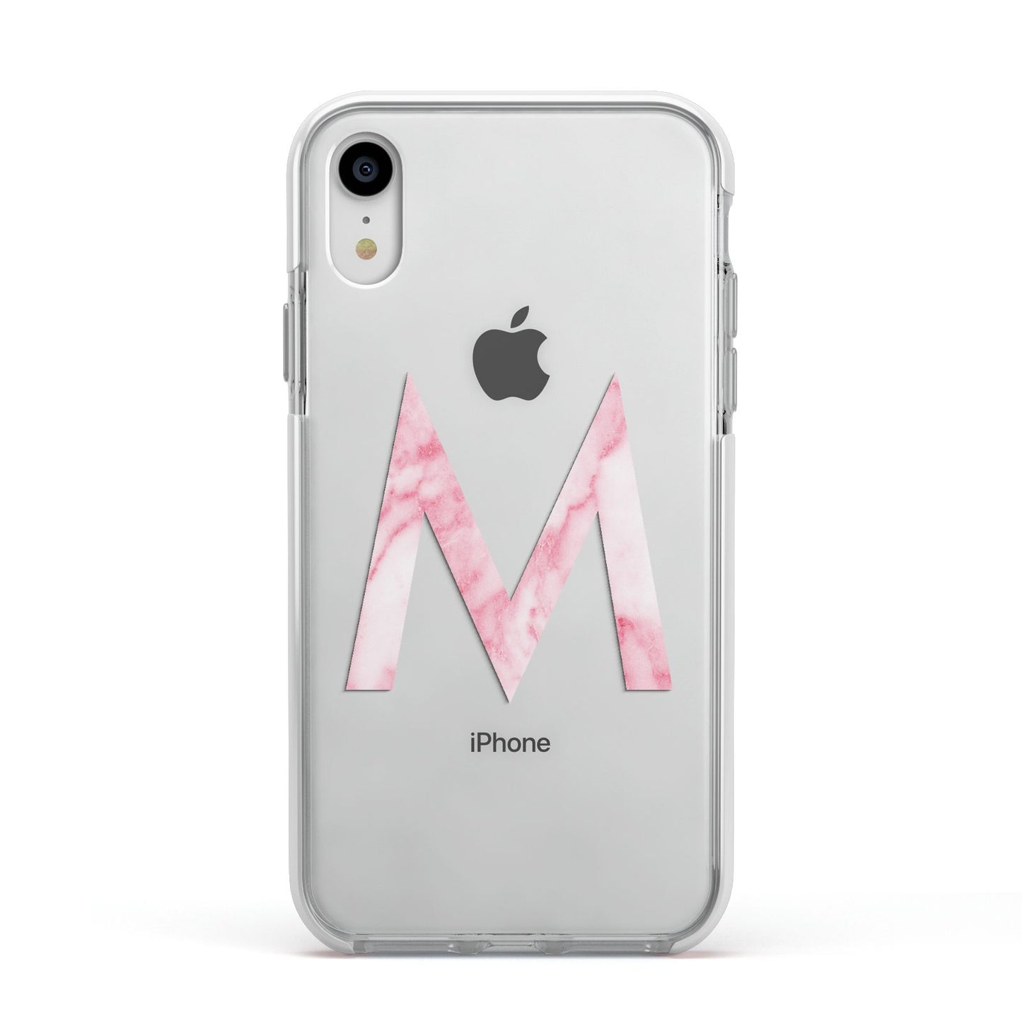 Personalised Pink Marble Initial Clear Custom Apple iPhone XR Impact Case White Edge on Silver Phone