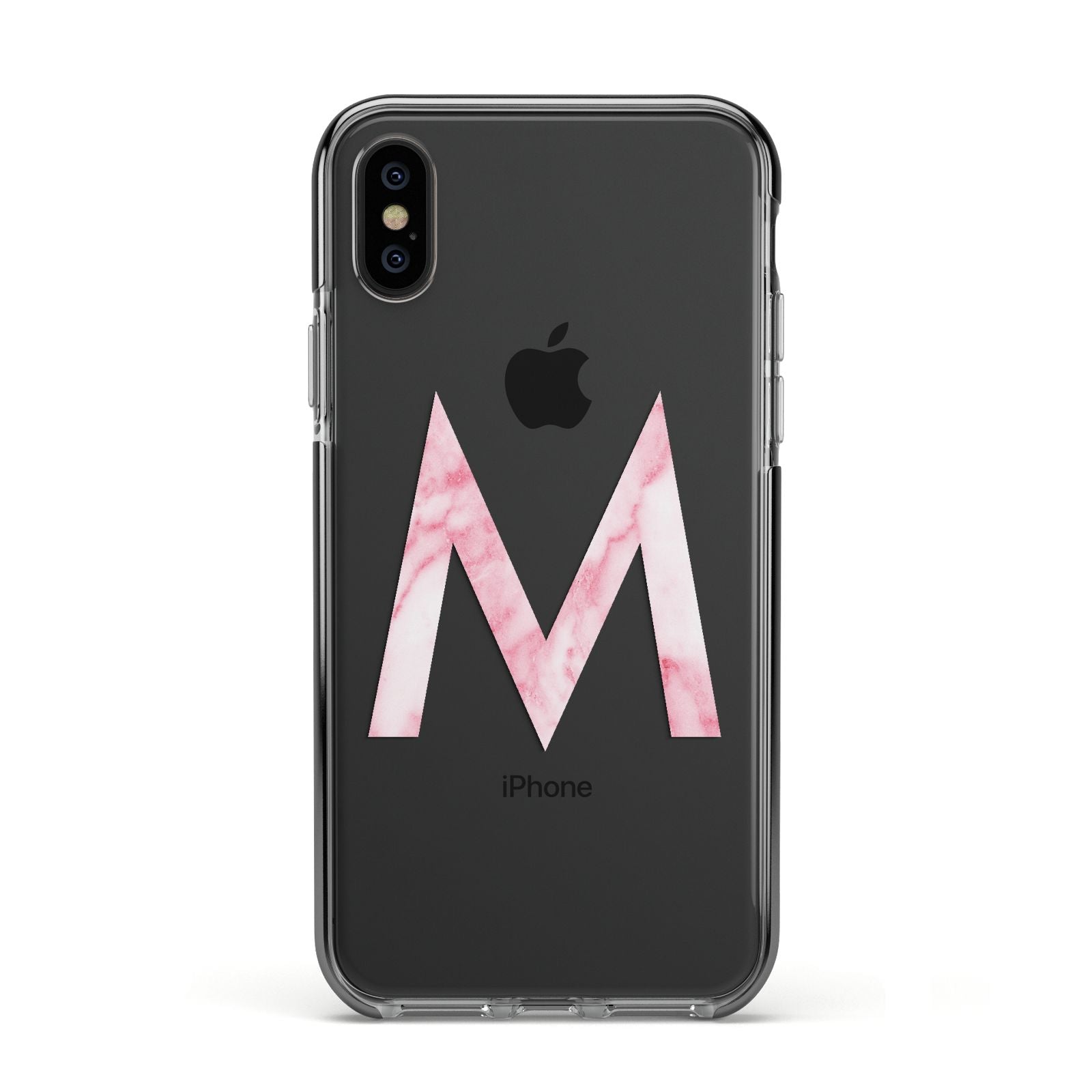 Personalised Pink Marble Initial Clear Custom Apple iPhone Xs Impact Case Black Edge on Black Phone