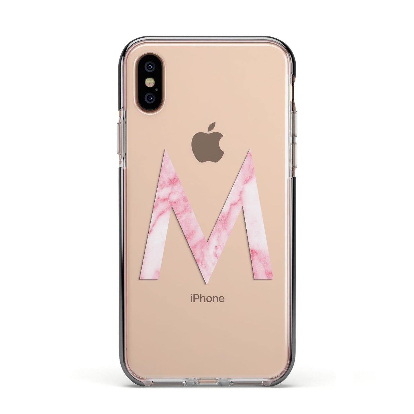 Personalised Pink Marble Initial Clear Custom Apple iPhone Xs Impact Case Black Edge on Gold Phone