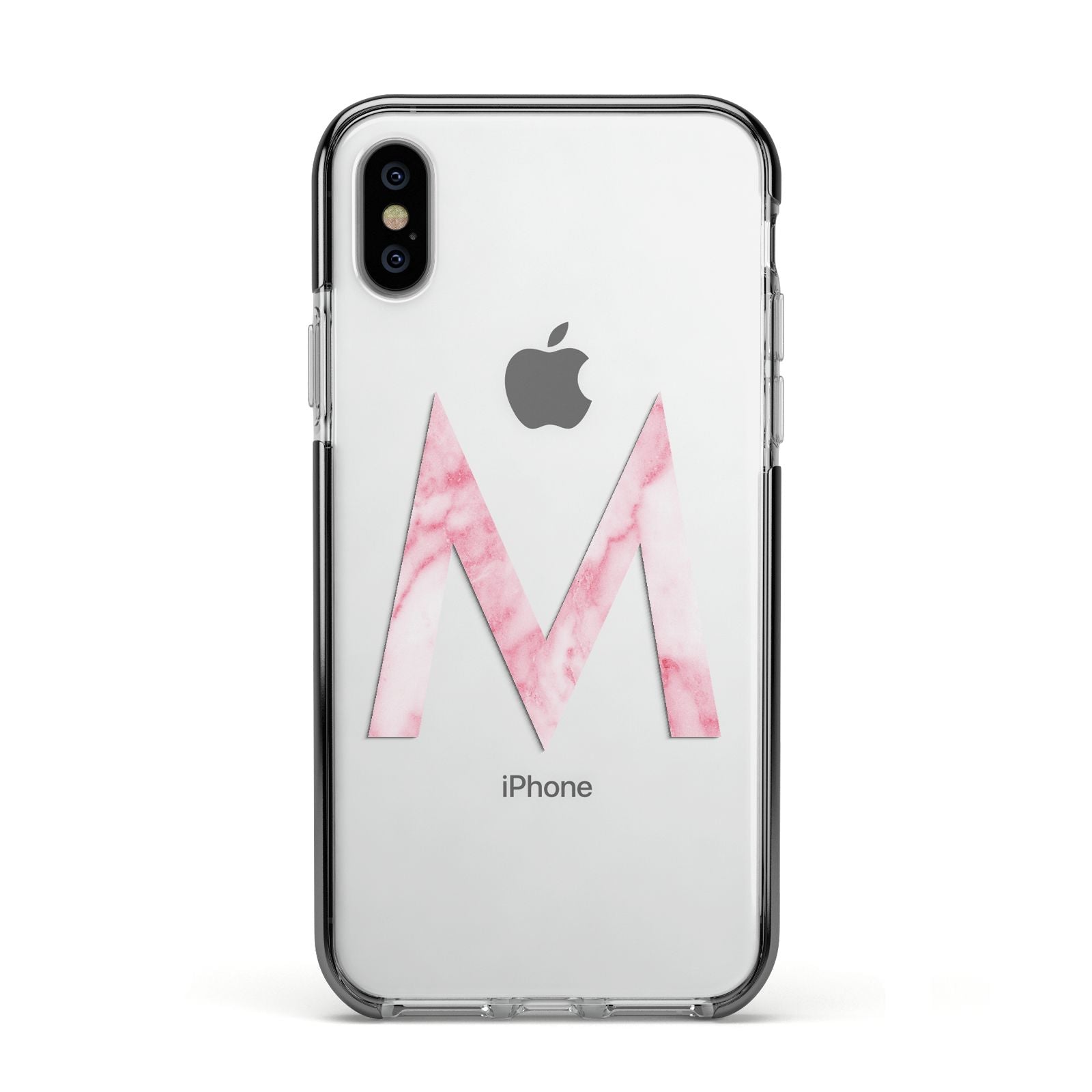 Personalised Pink Marble Initial Clear Custom Apple iPhone Xs Impact Case Black Edge on Silver Phone