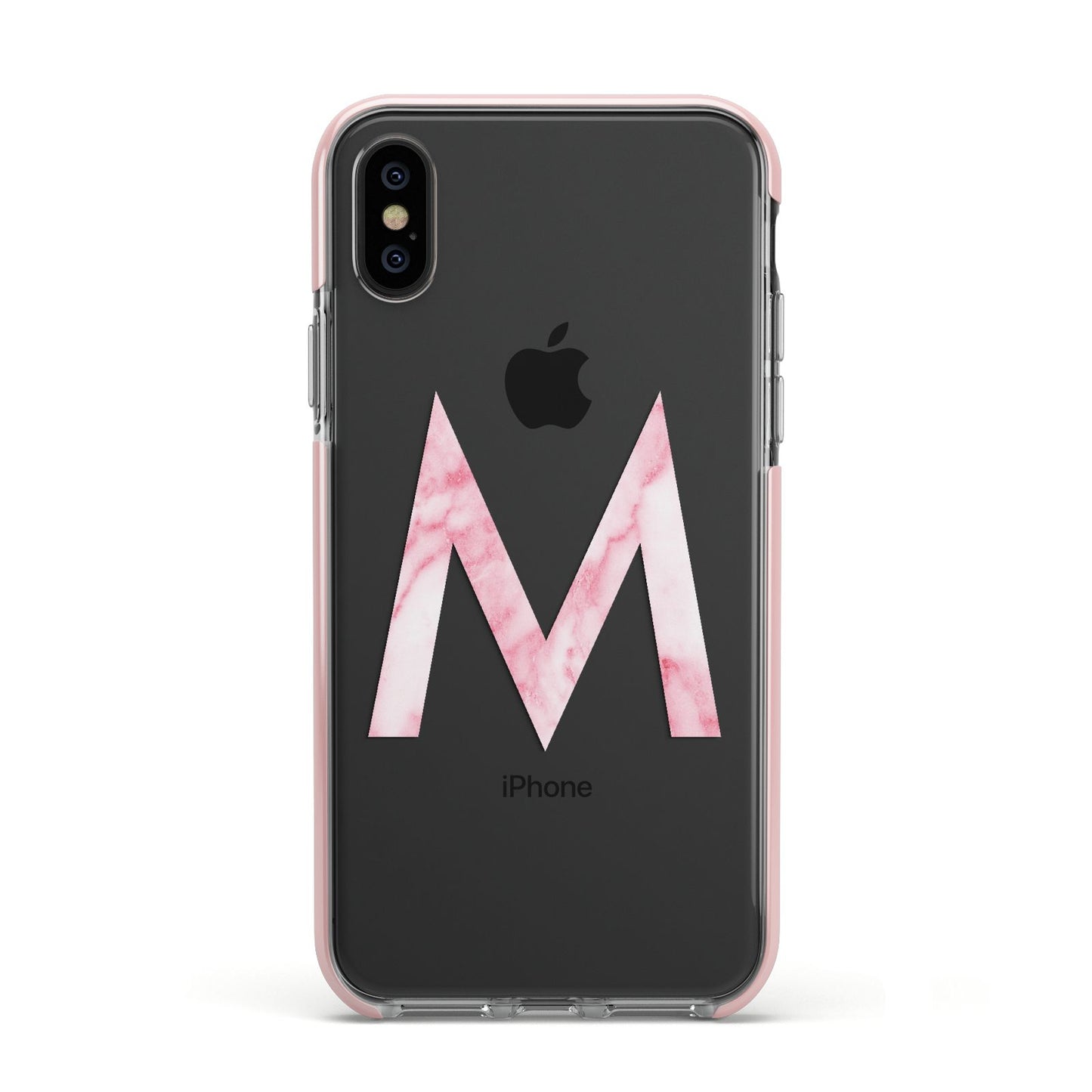 Personalised Pink Marble Initial Clear Custom Apple iPhone Xs Impact Case Pink Edge on Black Phone