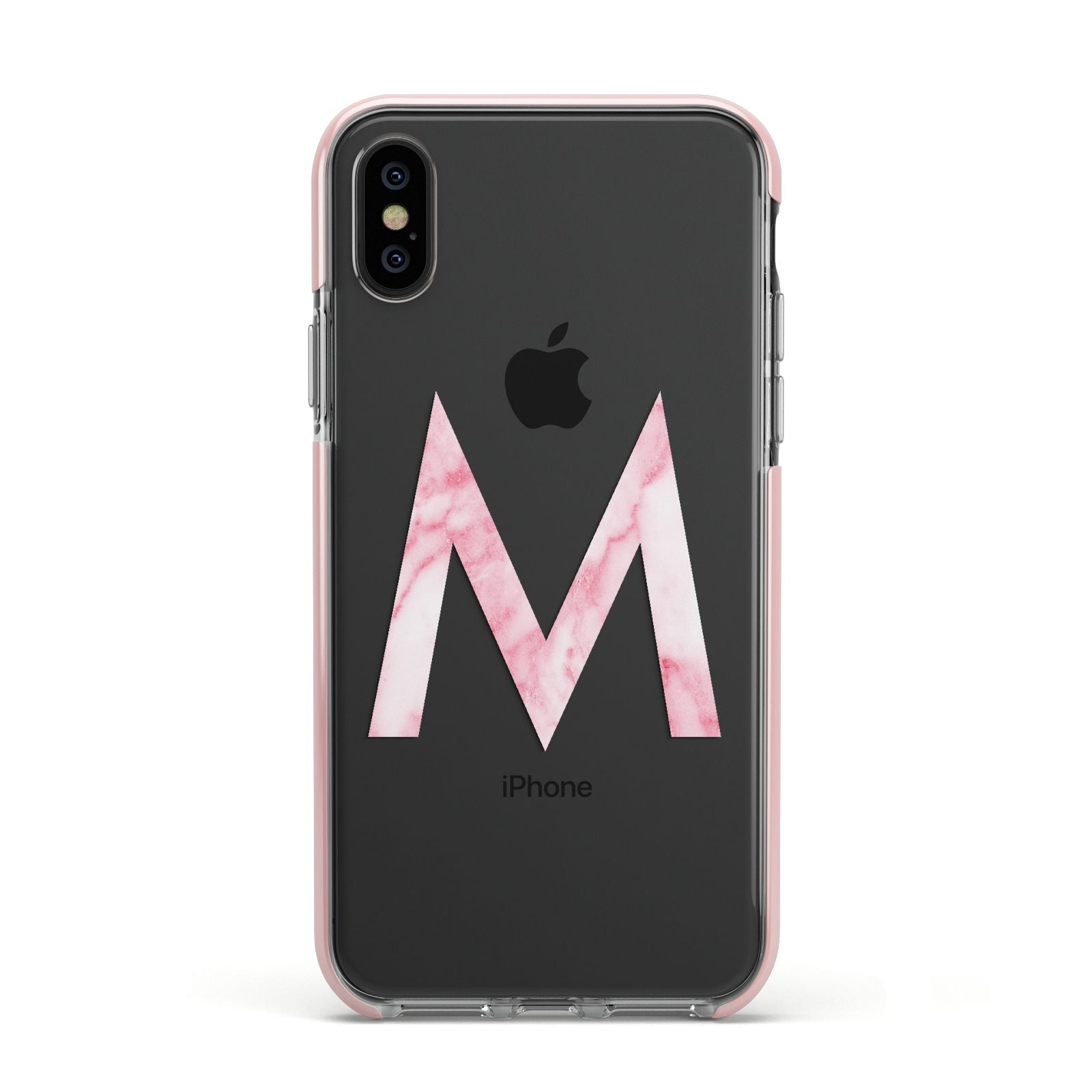 Personalised Pink Marble Initial Clear Custom Apple iPhone Xs Impact Case Pink Edge on Black Phone