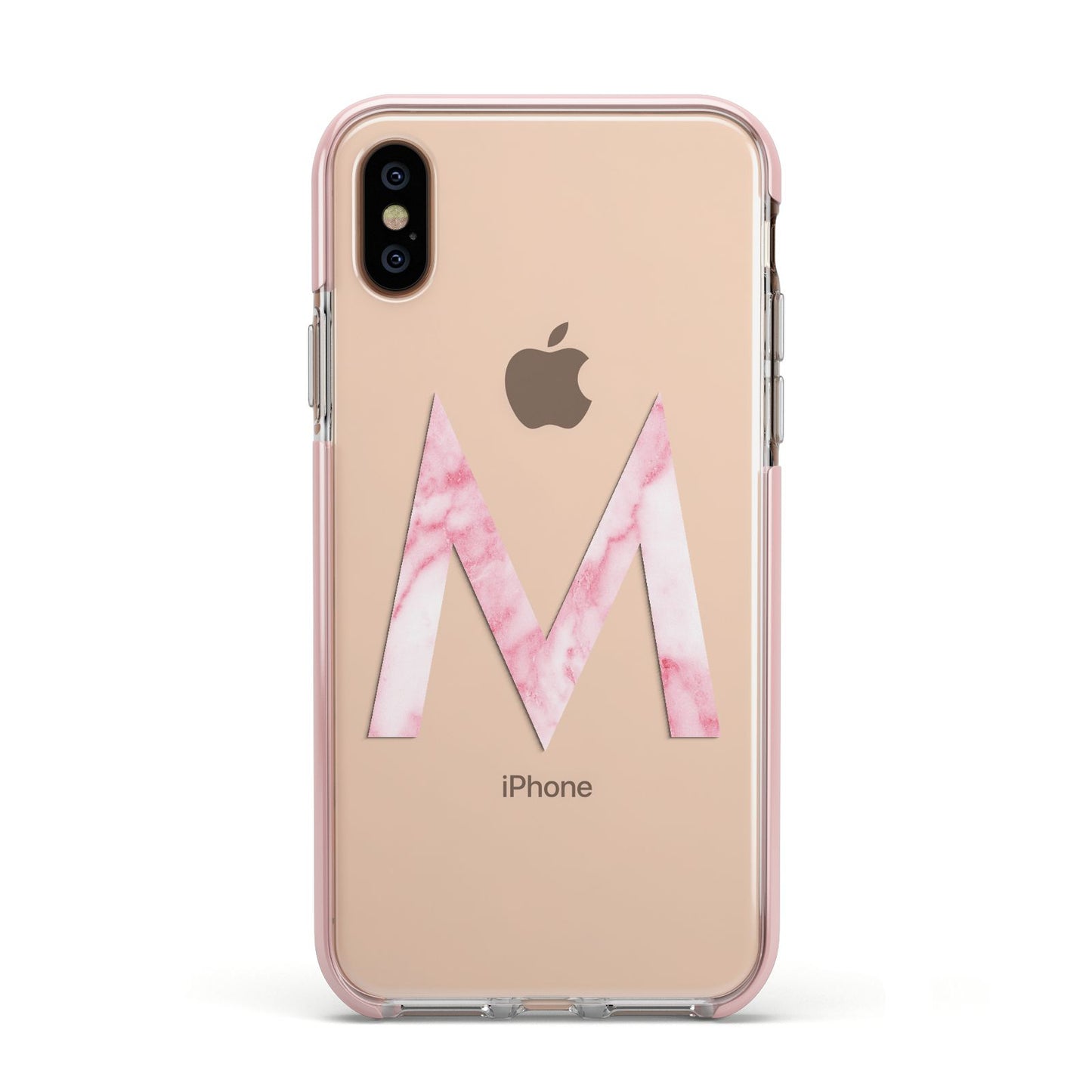 Personalised Pink Marble Initial Clear Custom Apple iPhone Xs Impact Case Pink Edge on Gold Phone