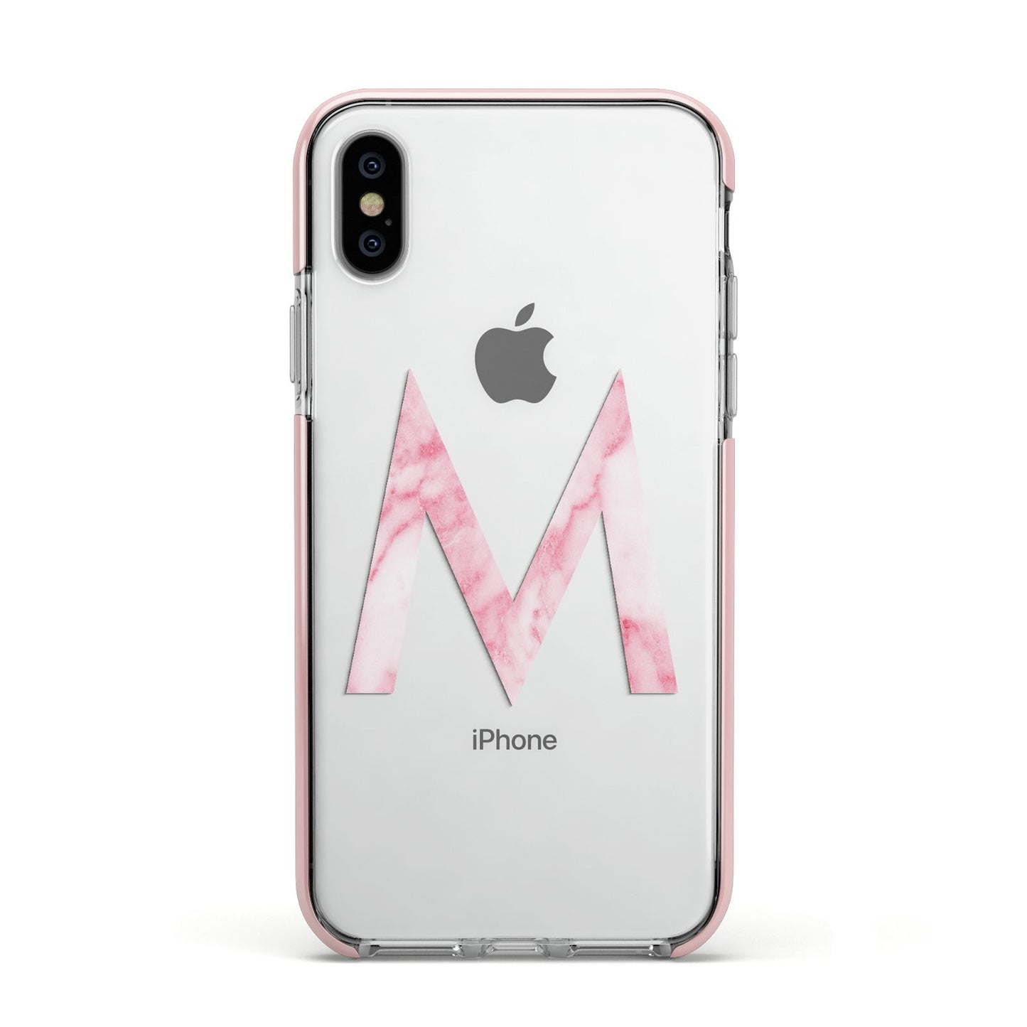 Personalised Pink Marble Initial Clear Custom Apple iPhone Xs Impact Case Pink Edge on Silver Phone