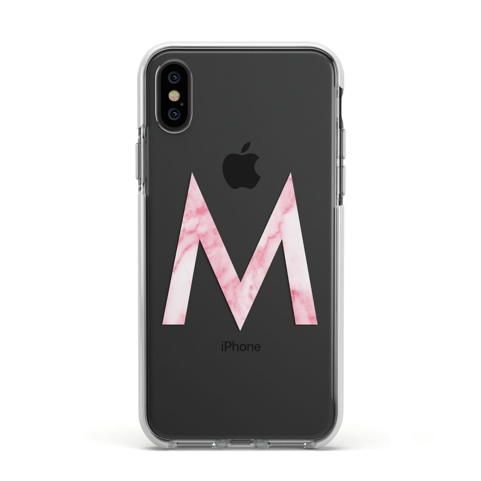 Personalised Pink Marble Initial Clear Custom Apple iPhone Xs Impact Case White Edge on Black Phone