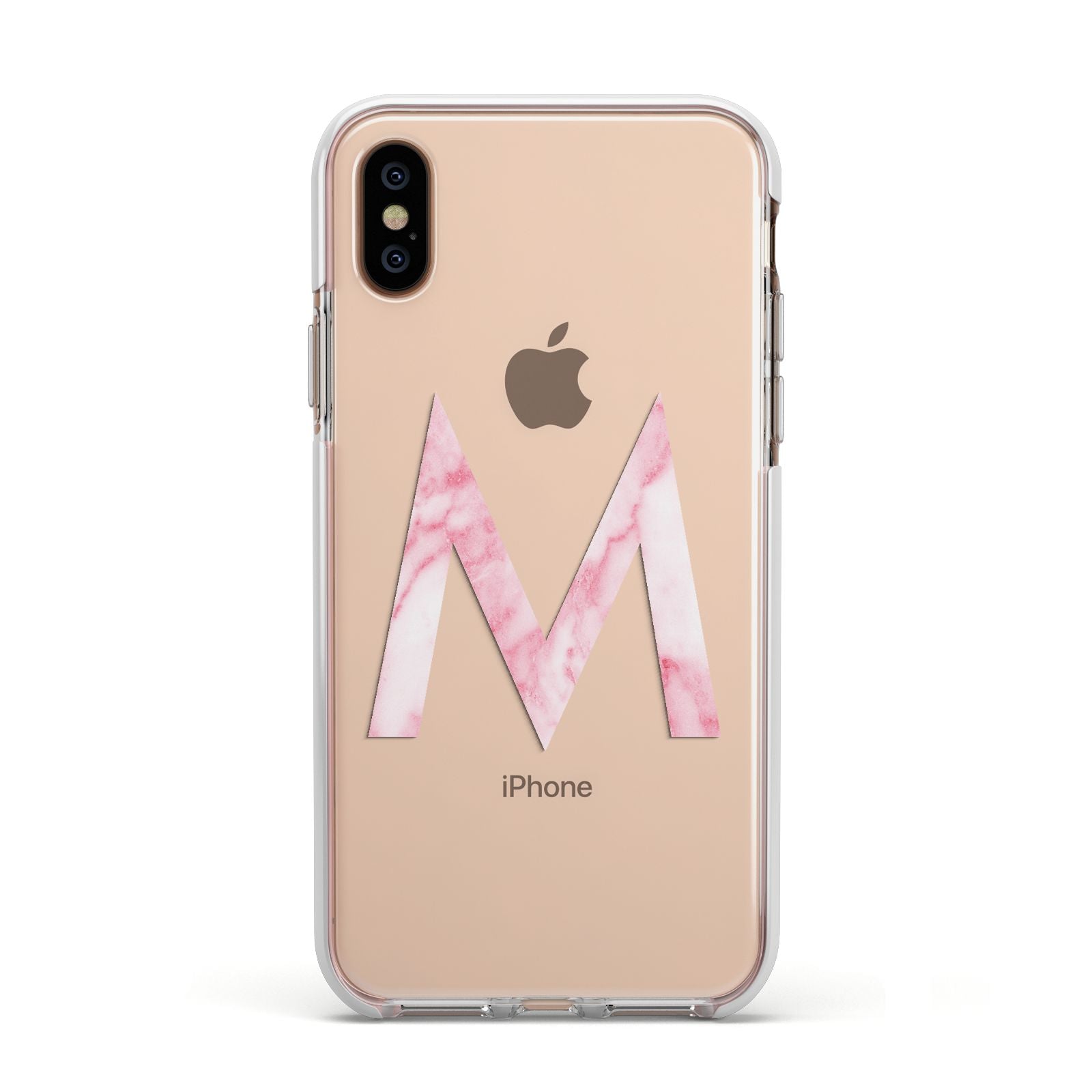 Personalised Pink Marble Initial Clear Custom Apple iPhone Xs Impact Case White Edge on Gold Phone