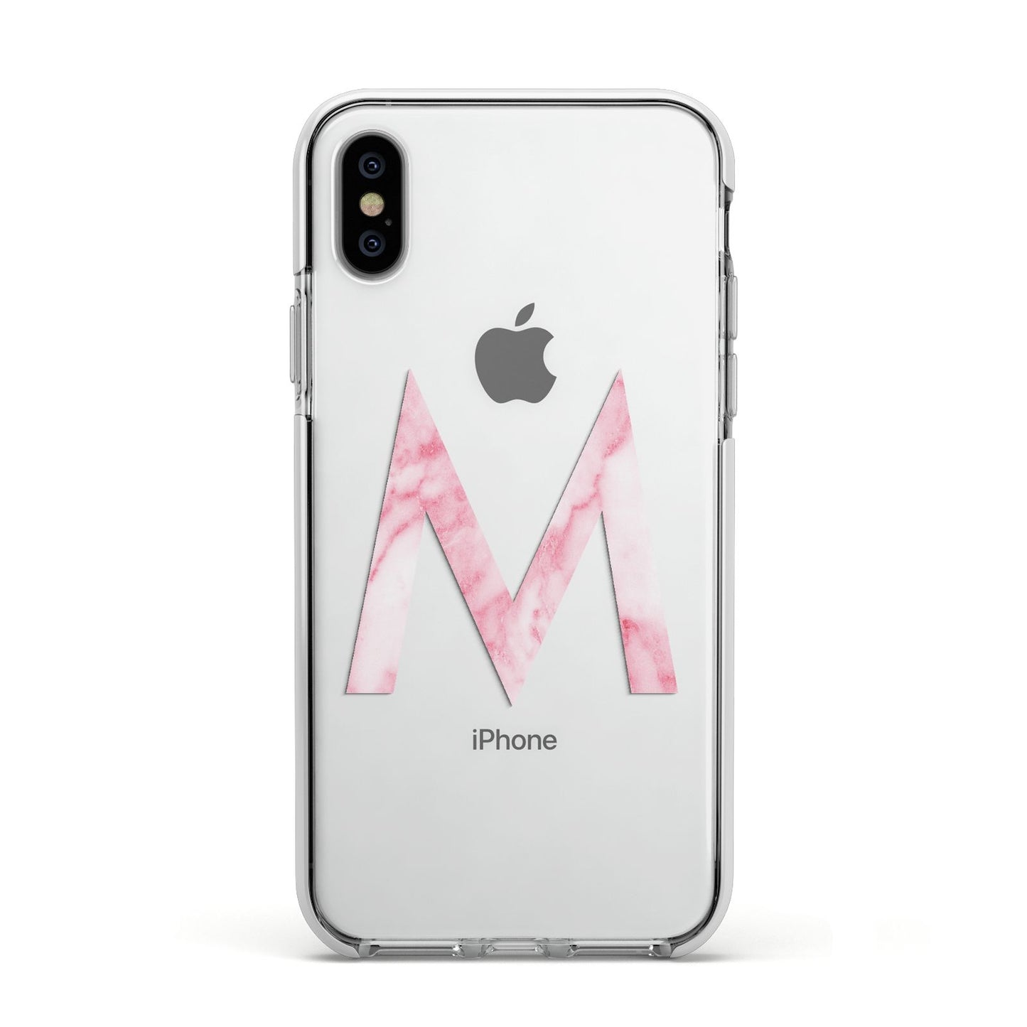 Personalised Pink Marble Initial Clear Custom Apple iPhone Xs Impact Case White Edge on Silver Phone