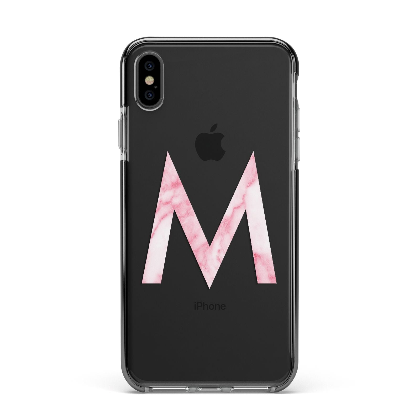 Personalised Pink Marble Initial Clear Custom Apple iPhone Xs Max Impact Case Black Edge on Black Phone