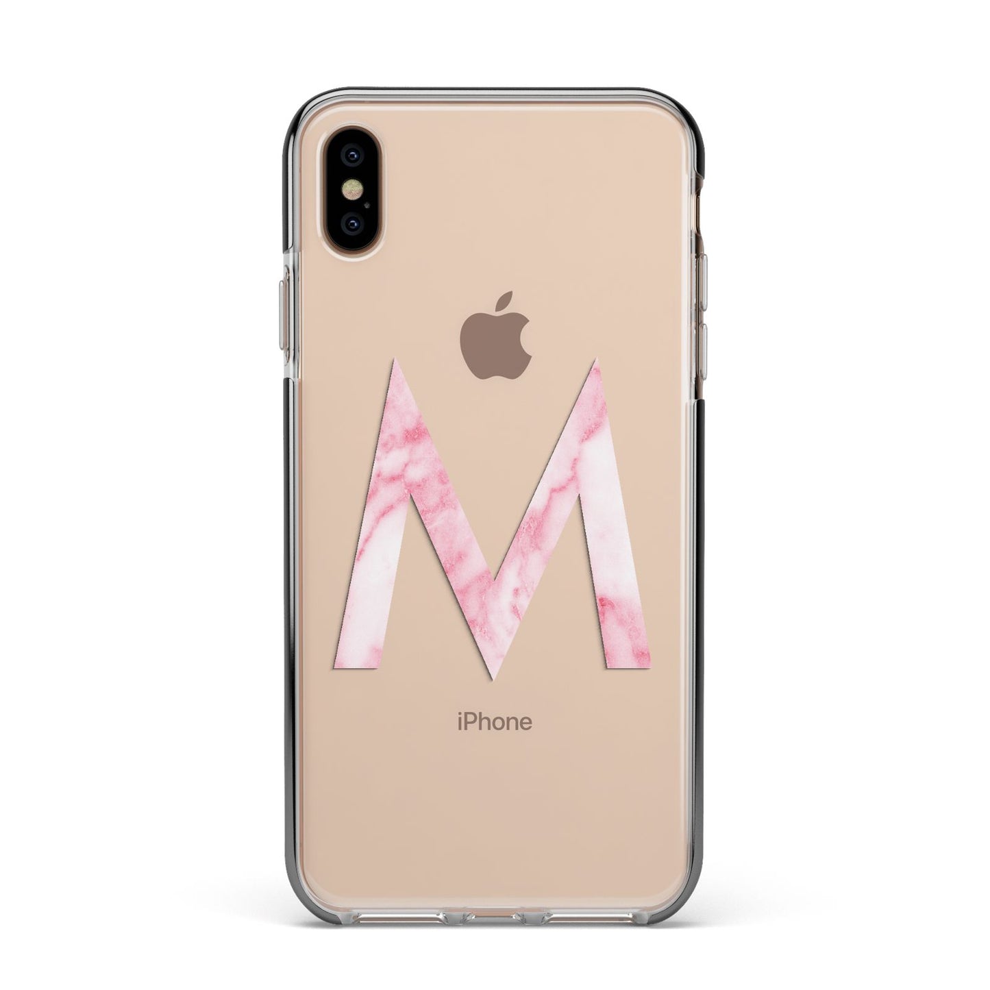 Personalised Pink Marble Initial Clear Custom Apple iPhone Xs Max Impact Case Black Edge on Gold Phone