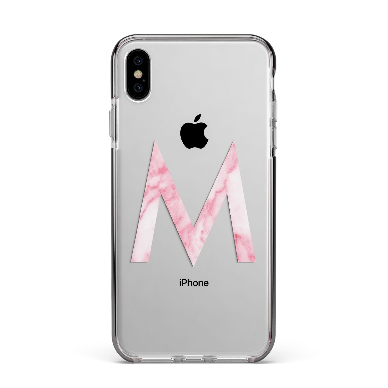 Personalised Pink Marble Initial Clear Custom Apple iPhone Xs Max Impact Case Black Edge on Silver Phone