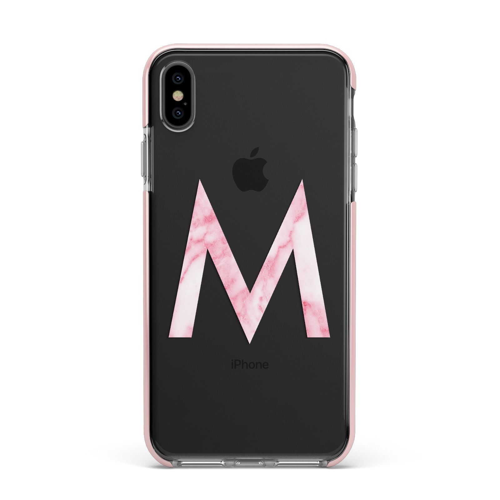 Personalised Pink Marble Initial Clear Custom Apple iPhone Xs Max Impact Case Pink Edge on Black Phone