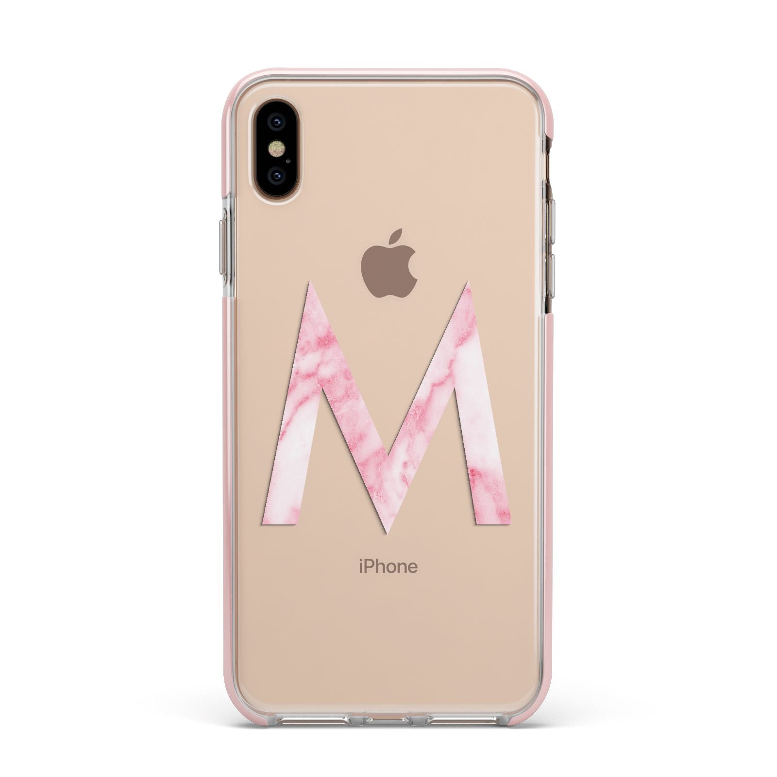 Personalised Pink Marble Initial Clear Custom Apple iPhone Xs Max Impact Case Pink Edge on Gold Phone