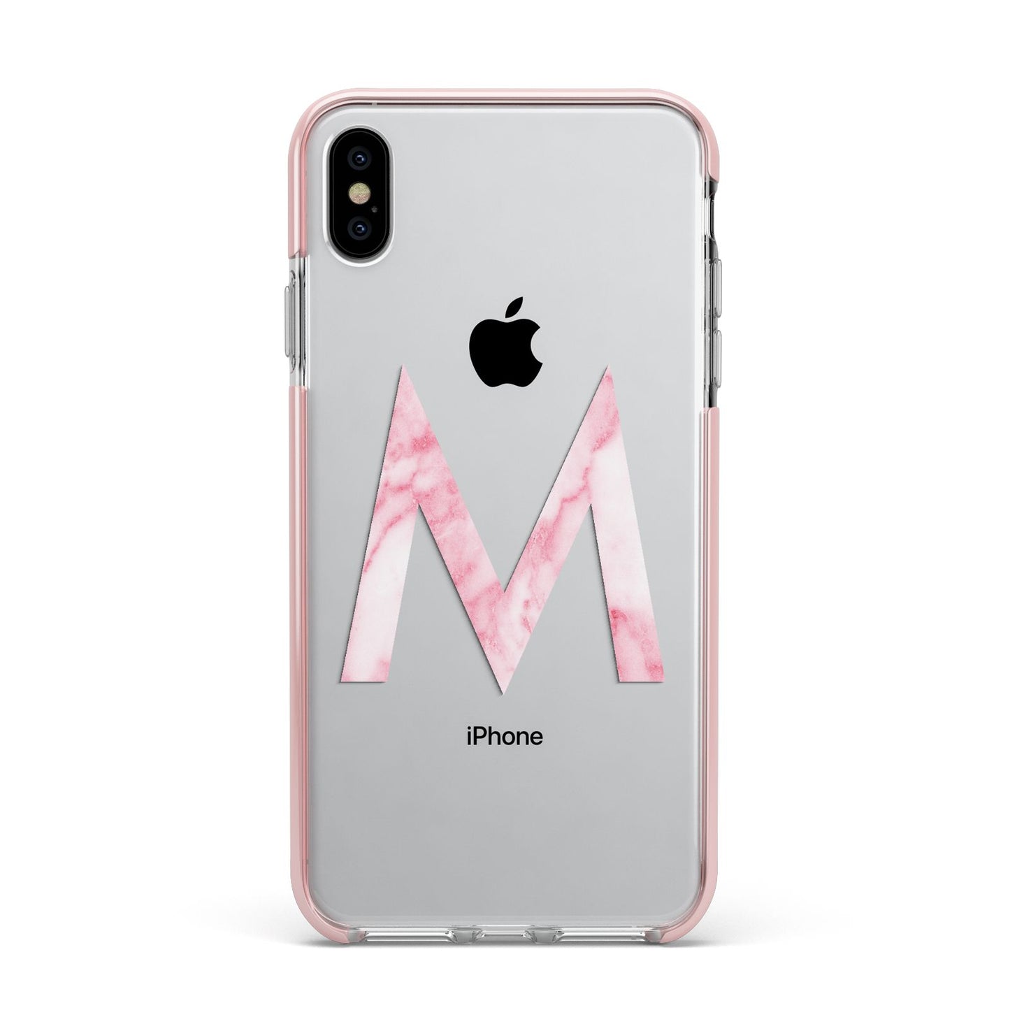 Personalised Pink Marble Initial Clear Custom Apple iPhone Xs Max Impact Case Pink Edge on Silver Phone