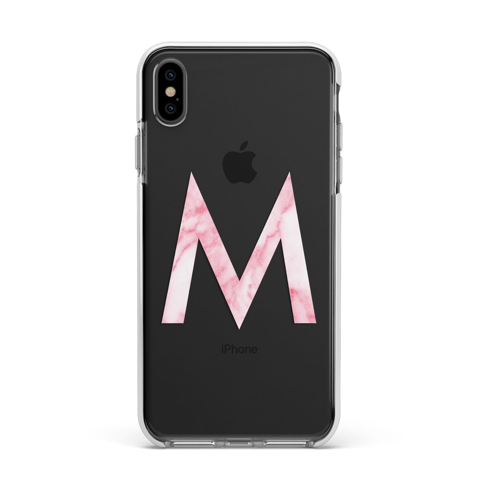 Personalised Pink Marble Initial Clear Custom Apple iPhone Xs Max Impact Case White Edge on Black Phone