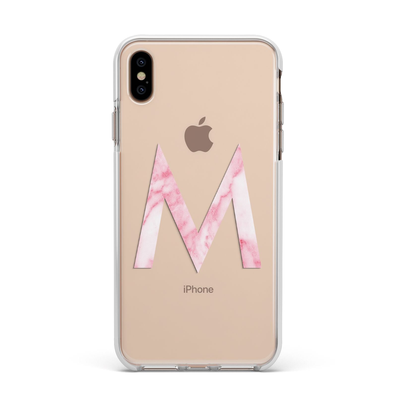 Personalised Pink Marble Initial Clear Custom Apple iPhone Xs Max Impact Case White Edge on Gold Phone