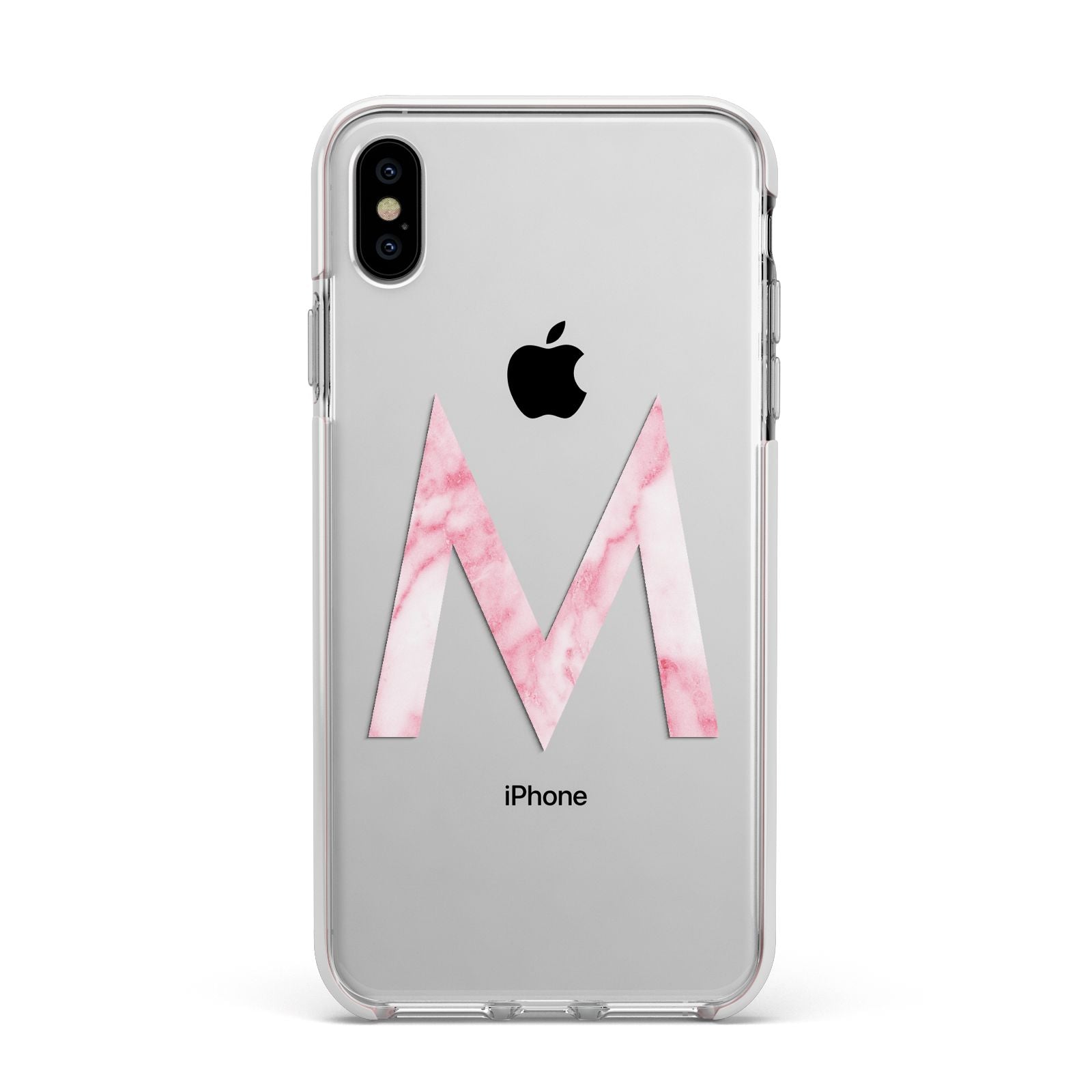 Personalised Pink Marble Initial Clear Custom Apple iPhone Xs Max Impact Case White Edge on Silver Phone