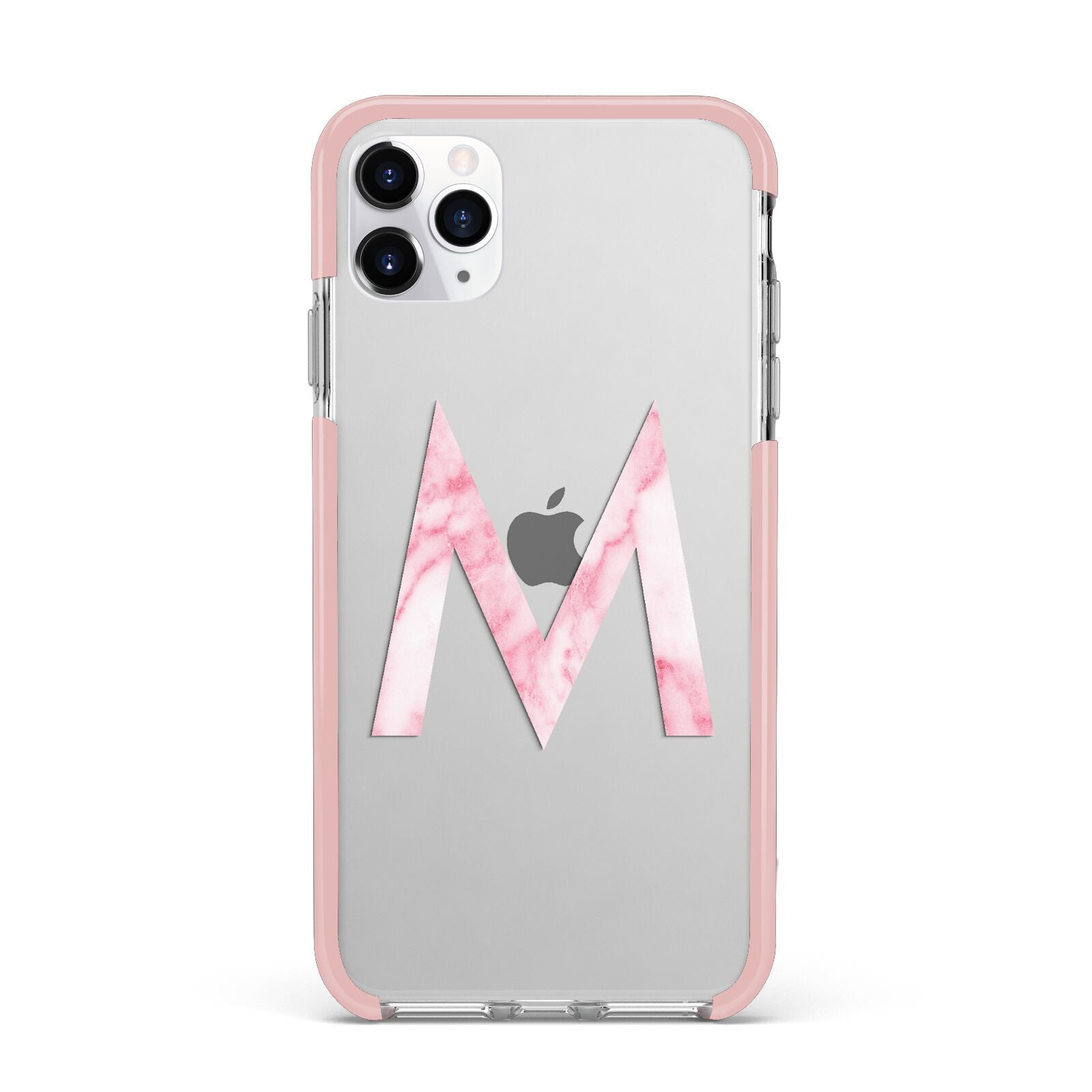 Personalised Pink Marble Initial Clear Custom iPhone 11 Pro Max Impact Pink Edge Case