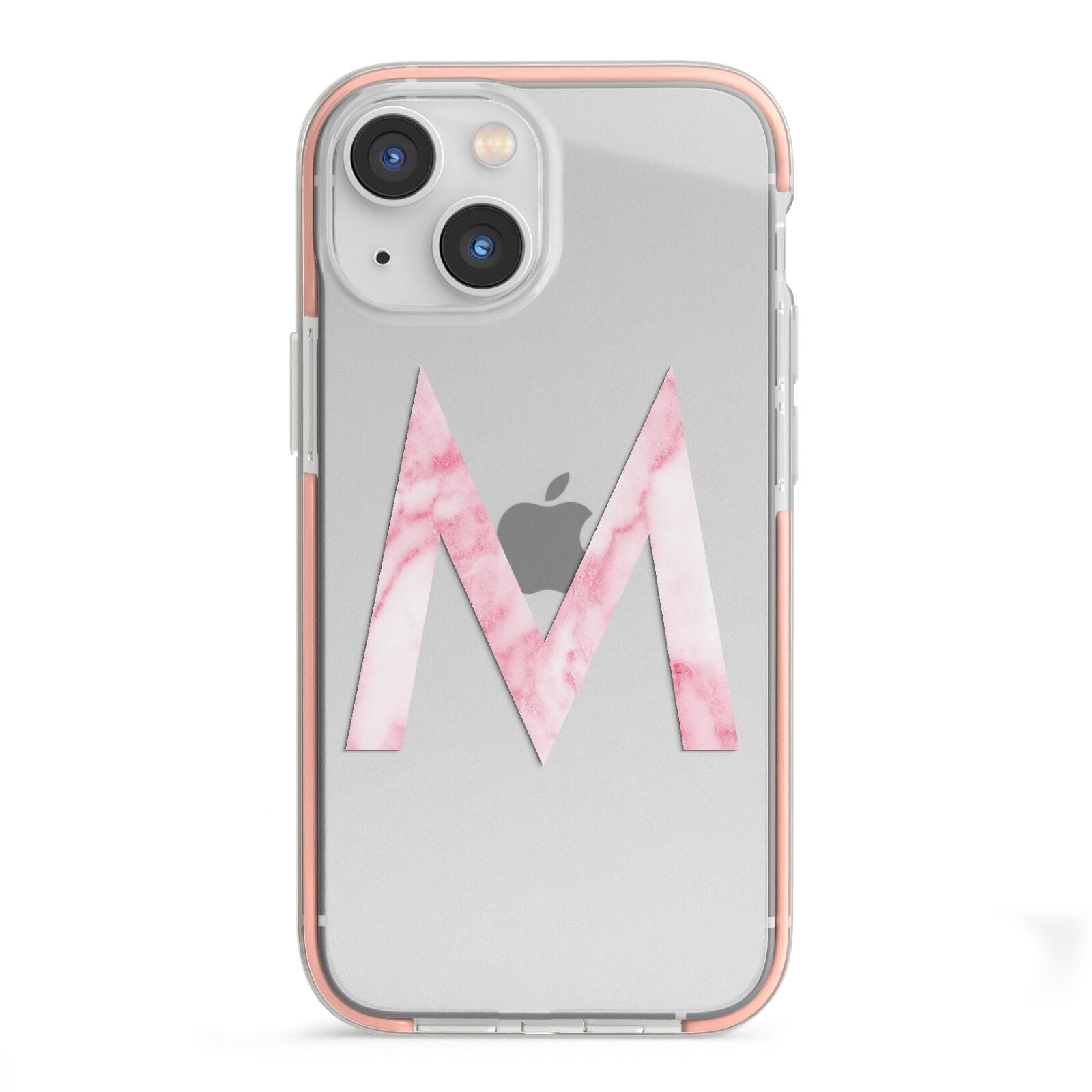 Personalised Pink Marble Initial Clear Custom iPhone 13 Mini TPU Impact Case with Pink Edges