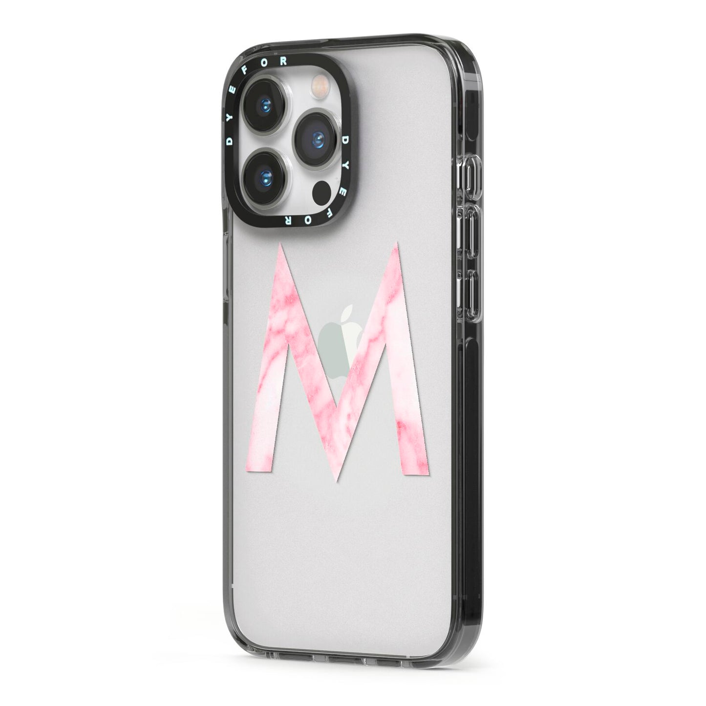 Personalised Pink Marble Initial Clear Custom iPhone 13 Pro Black Impact Case Side Angle on Silver phone