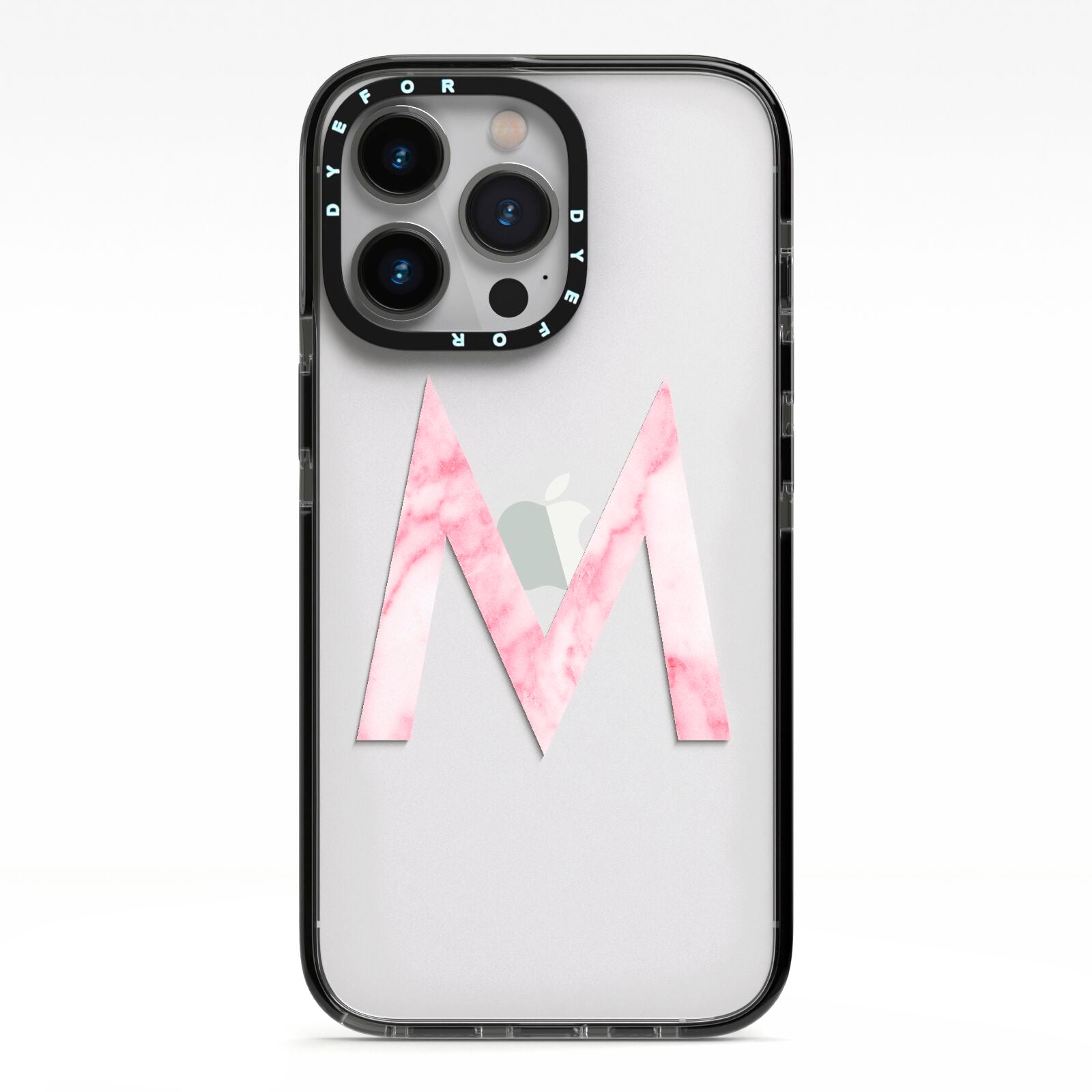 Personalised Pink Marble Initial Clear Custom iPhone 13 Pro Black Impact Case on Silver phone