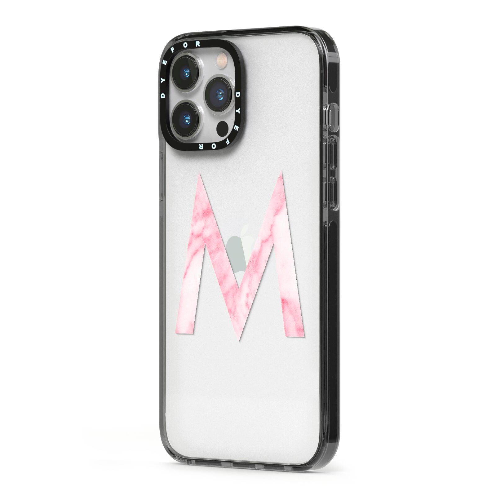 Personalised Pink Marble Initial Clear Custom iPhone 13 Pro Max Black Impact Case Side Angle on Silver phone