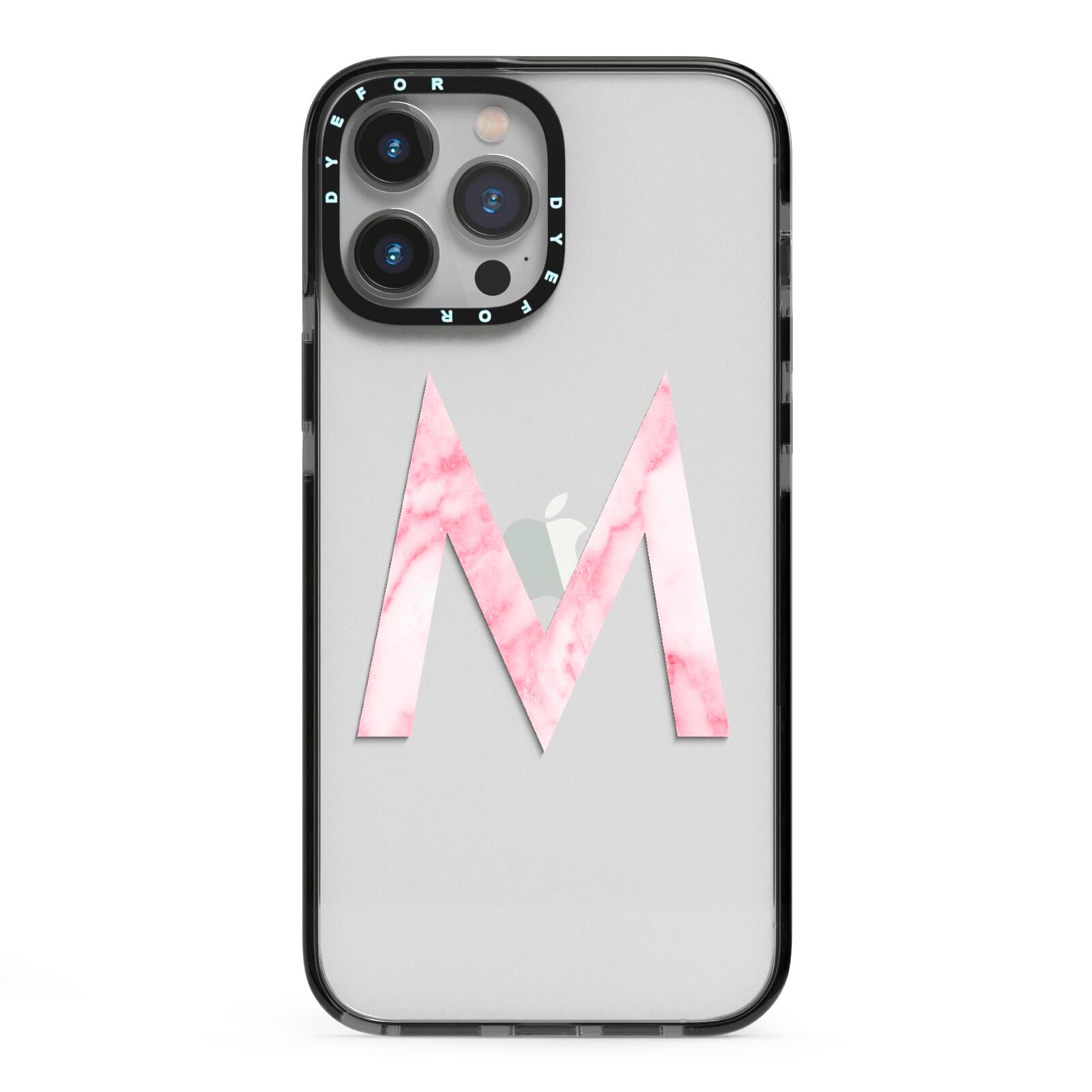 Personalised Pink Marble Initial Clear Custom iPhone 13 Pro Max Black Impact Case on Silver phone