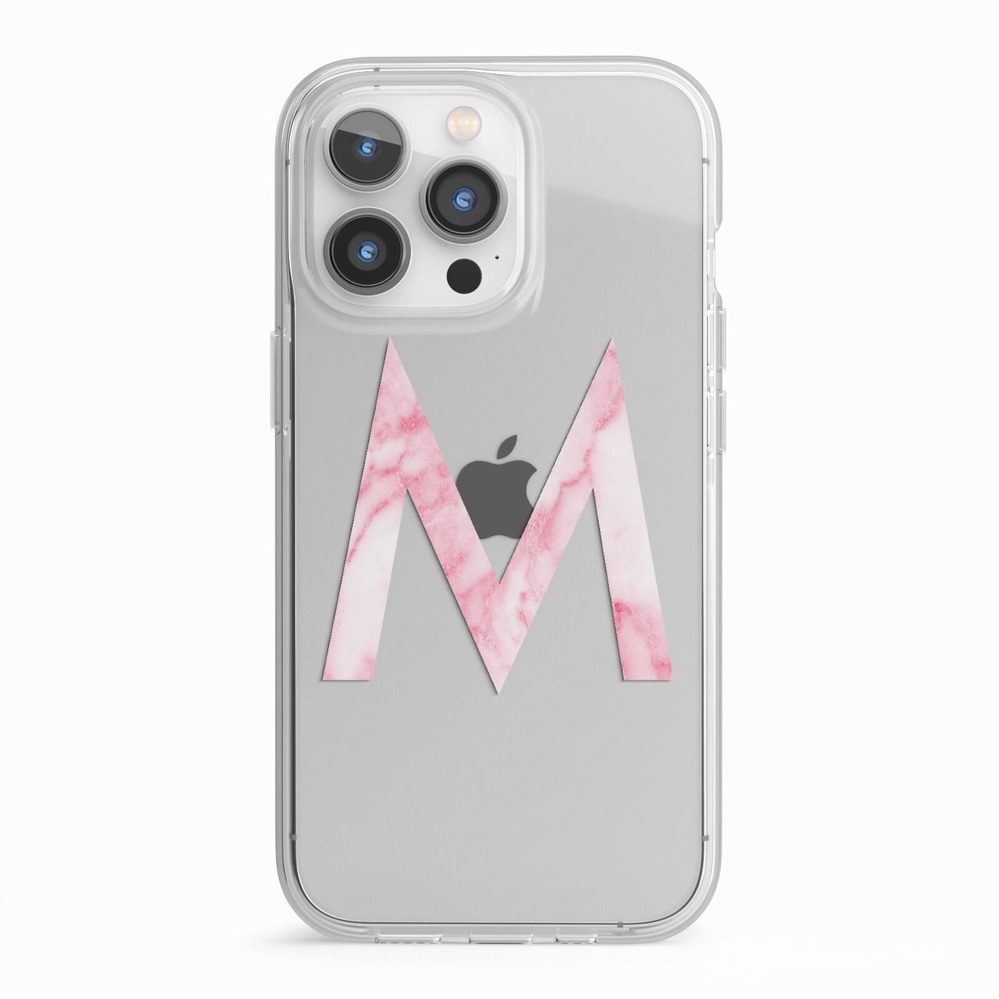 Personalised Pink Marble Initial Clear Custom iPhone 13 Pro TPU Impact Case with White Edges