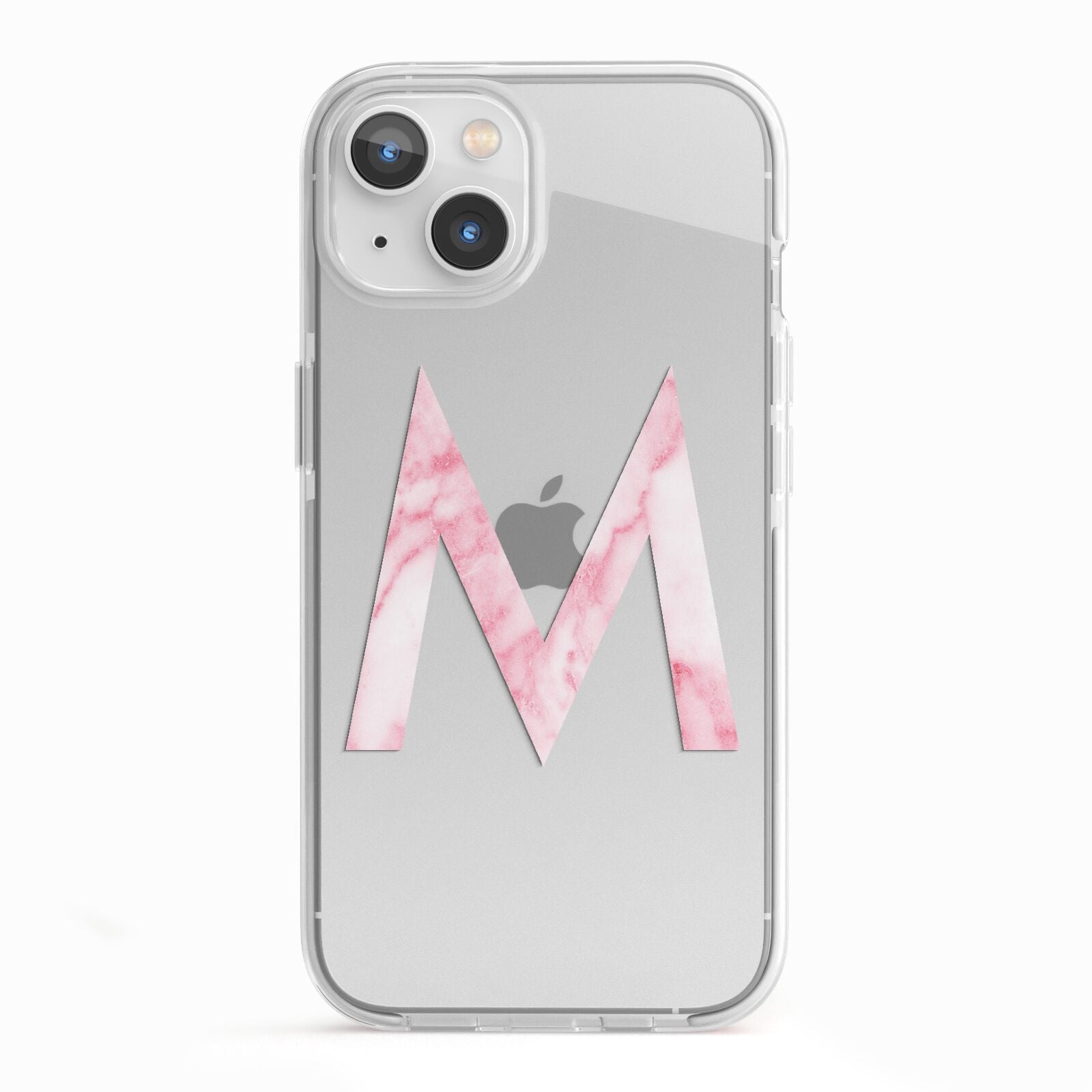 Personalised Pink Marble Initial Clear Custom iPhone 13 TPU Impact Case with White Edges