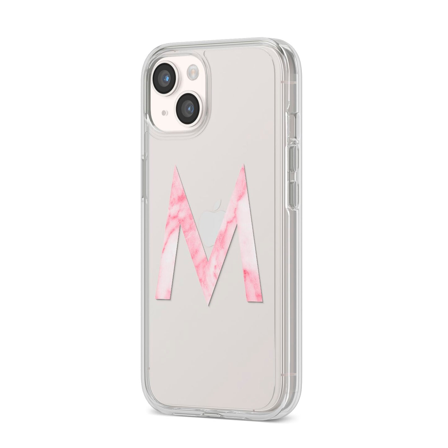 Personalised Pink Marble Initial Clear Custom iPhone 14 Clear Tough Case Starlight Angled Image