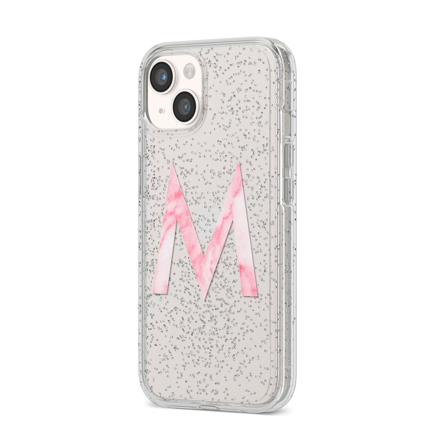 Personalised Pink Marble Initial Clear Custom iPhone 14 Glitter Tough Case Starlight Angled Image