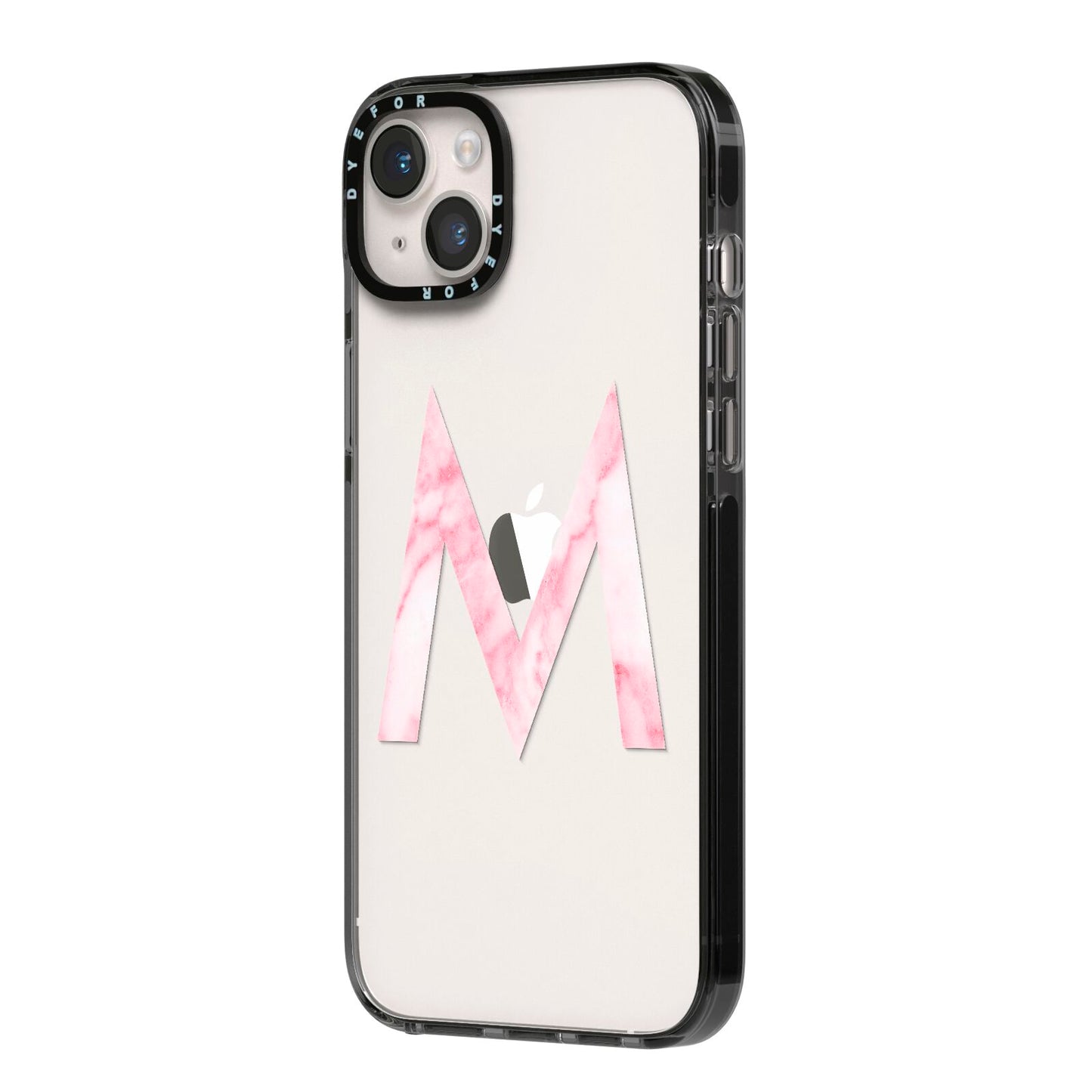 Personalised Pink Marble Initial Clear Custom iPhone 14 Plus Black Impact Case Side Angle on Silver phone