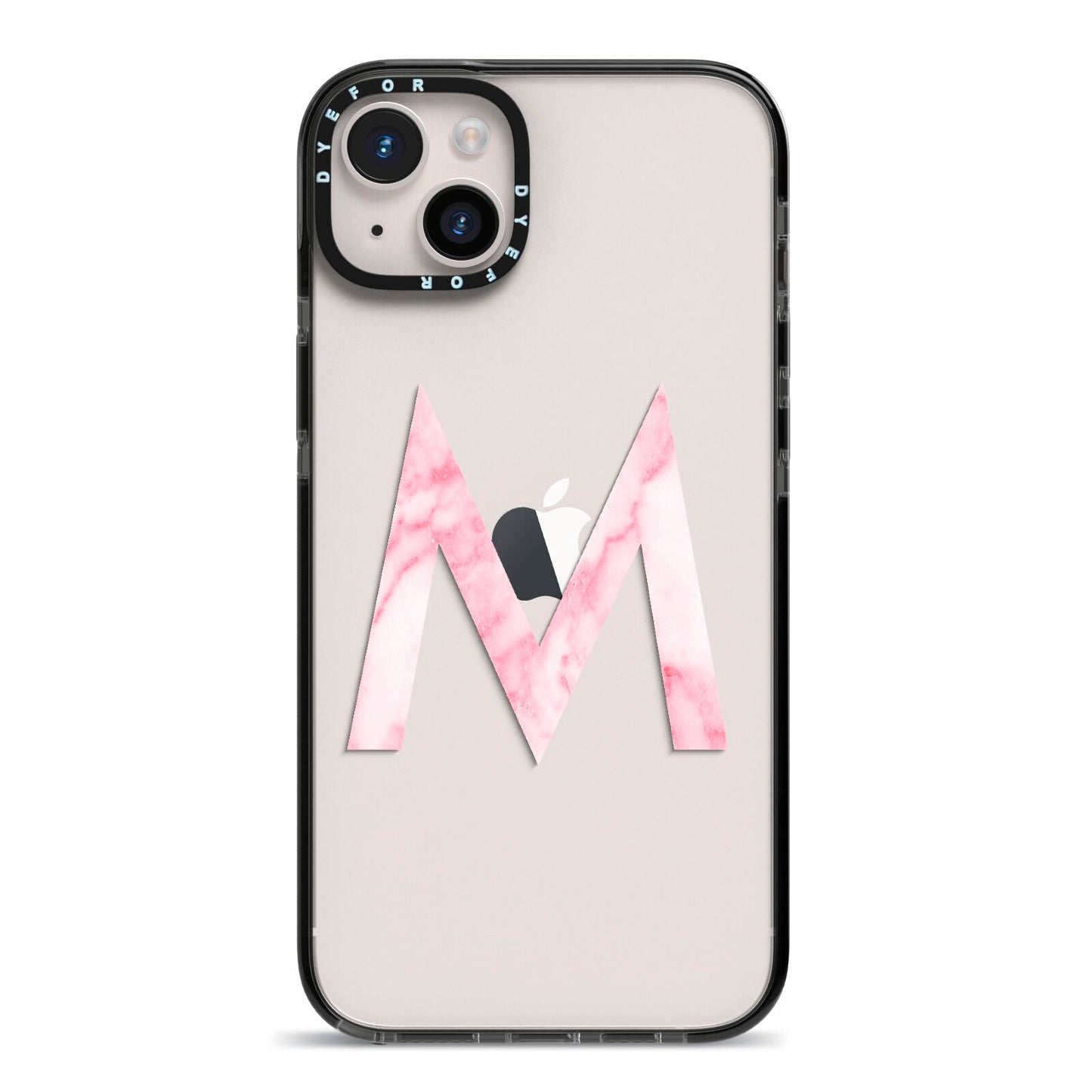 Personalised Pink Marble Initial Clear Custom iPhone 14 Plus Black Impact Case on Silver phone