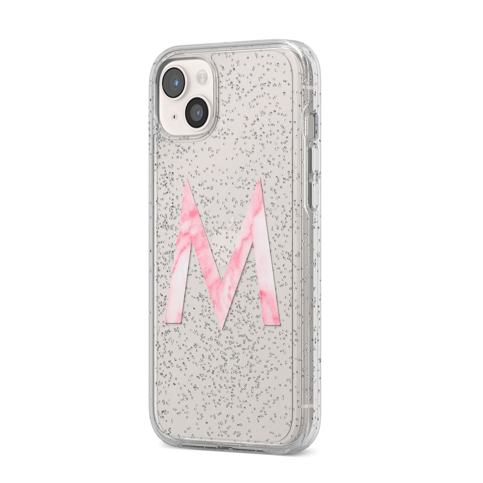 Personalised Pink Marble Initial Clear Custom iPhone 14 Plus Glitter Tough Case Starlight Angled Image