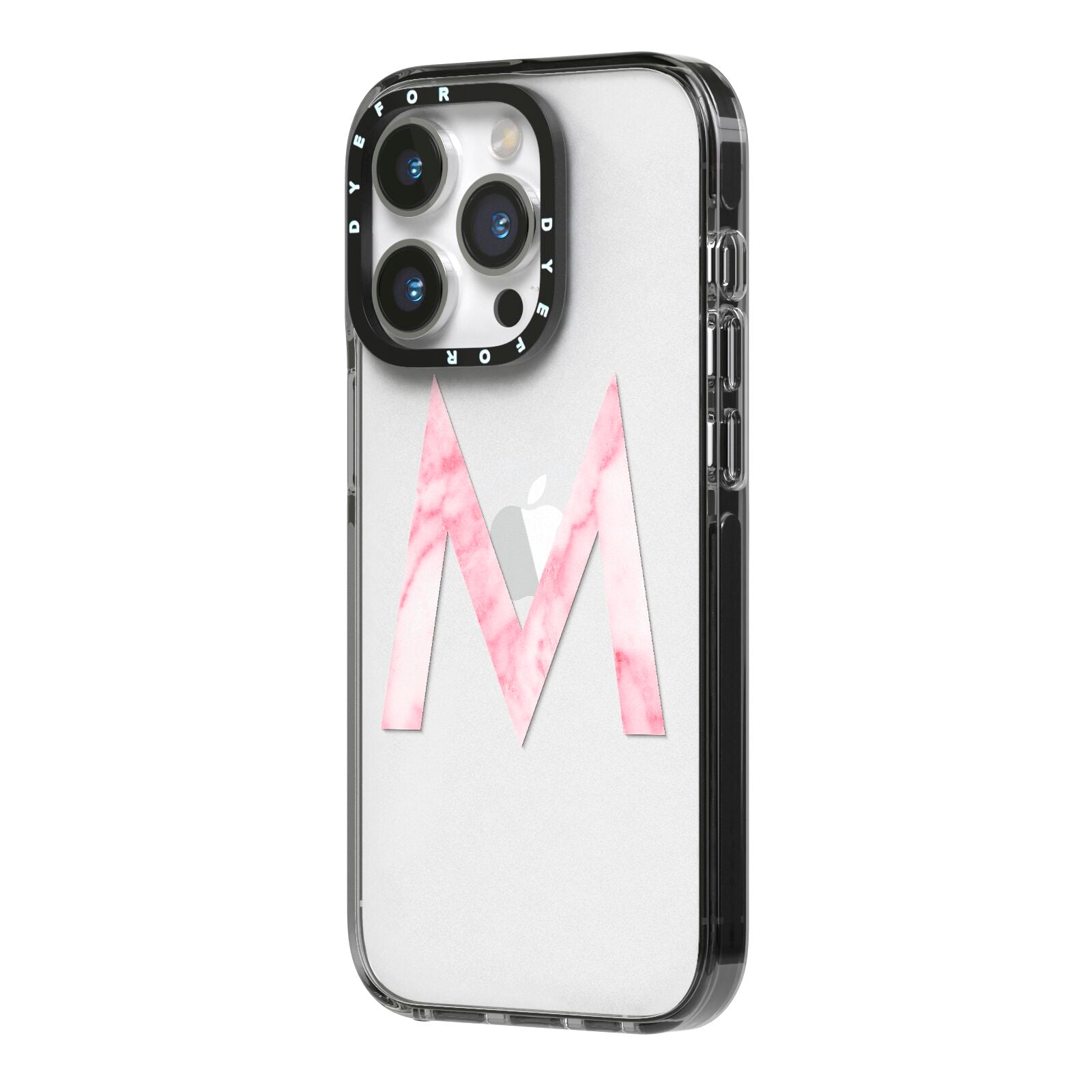 Personalised Pink Marble Initial Clear Custom iPhone 14 Pro Black Impact Case Side Angle on Silver phone