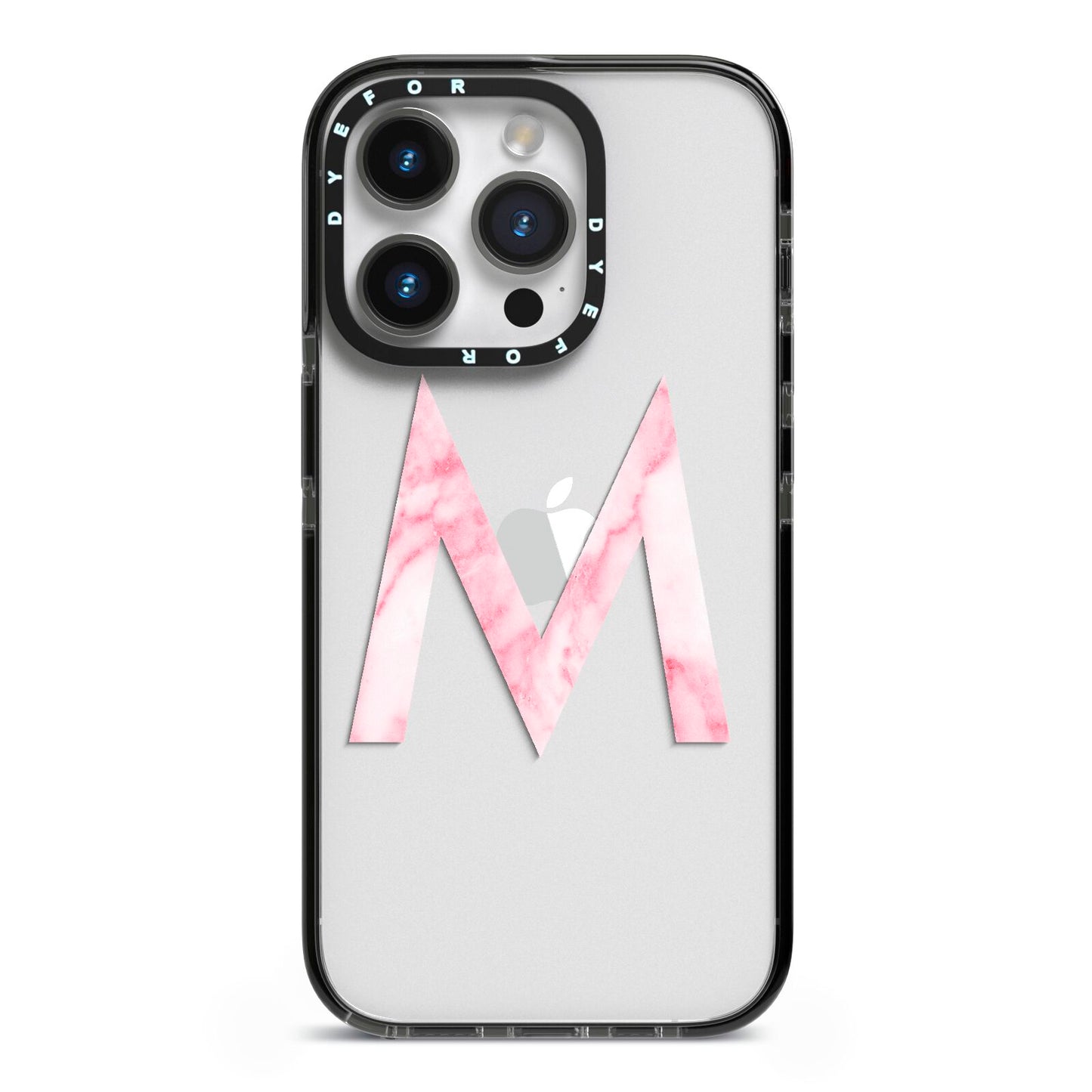 Personalised Pink Marble Initial Clear Custom iPhone 14 Pro Black Impact Case on Silver phone