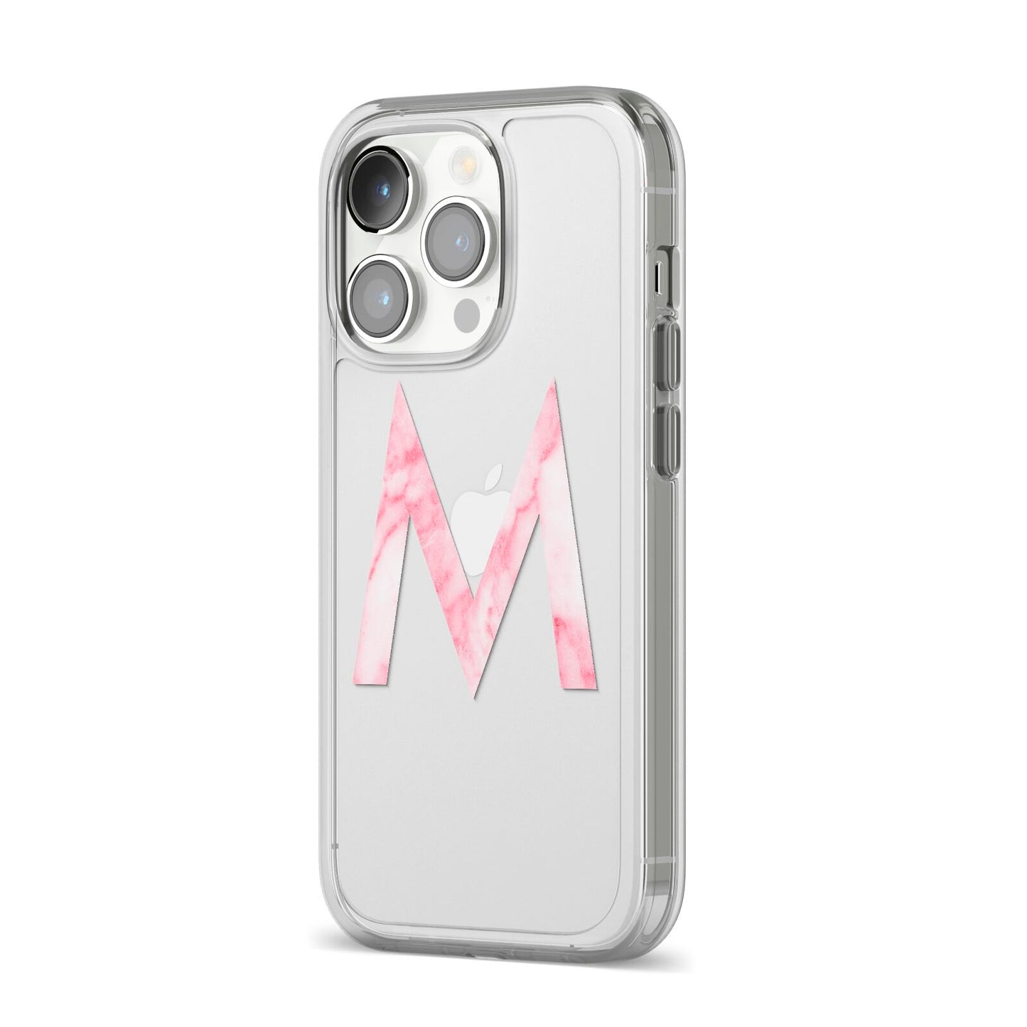 Personalised Pink Marble Initial Clear Custom iPhone 14 Pro Clear Tough Case Silver Angled Image