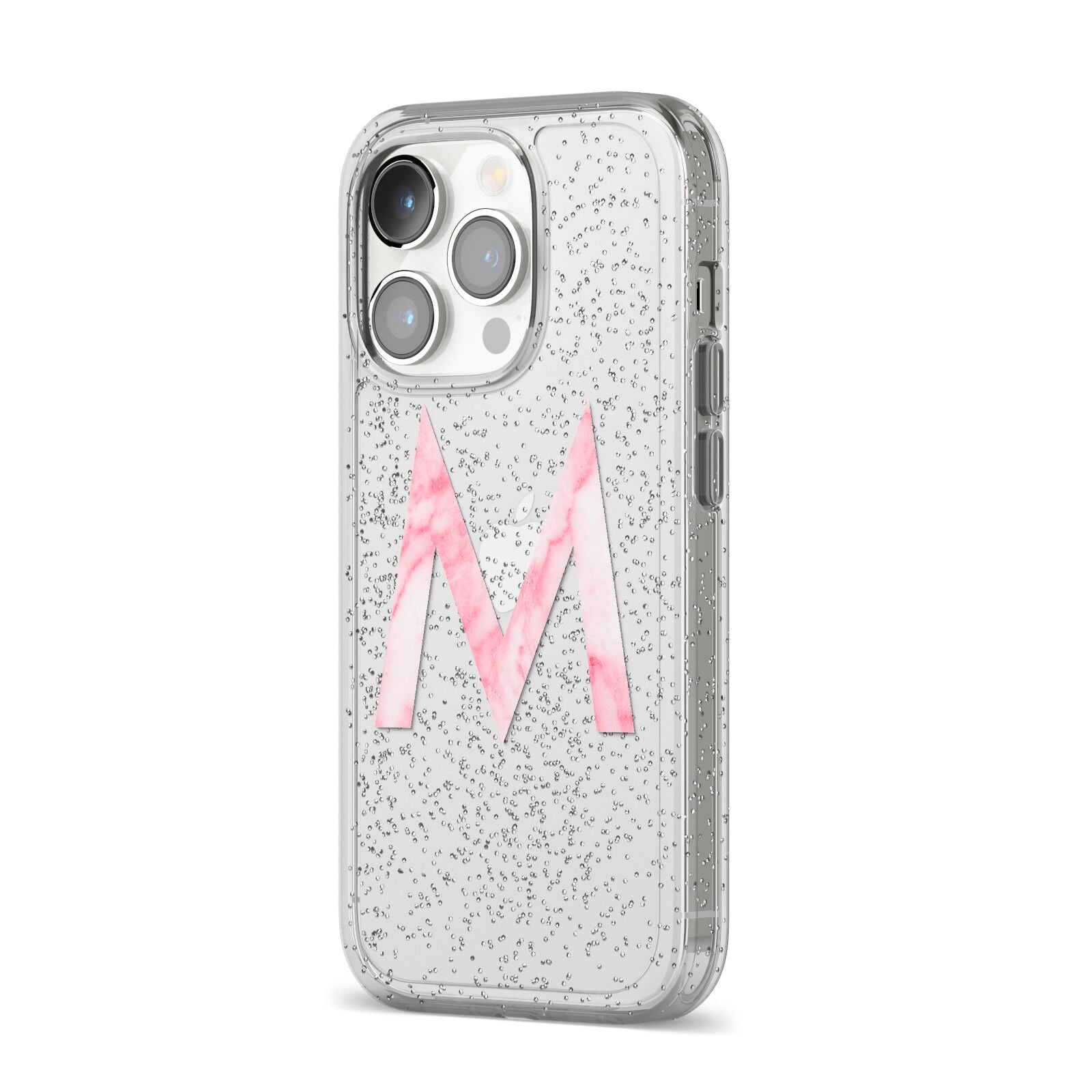 Personalised Pink Marble Initial Clear Custom iPhone 14 Pro Glitter Tough Case Silver Angled Image