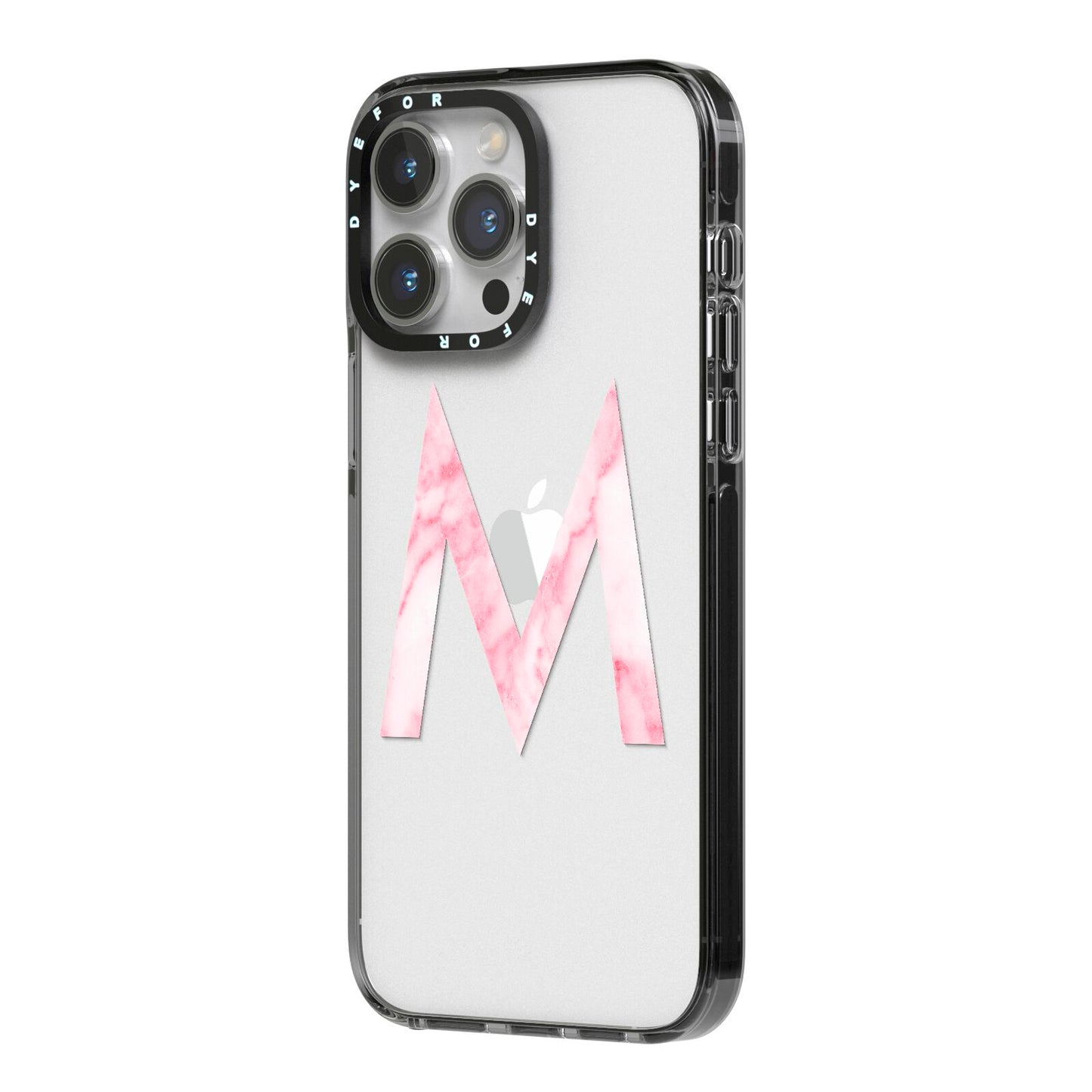 Personalised Pink Marble Initial Clear Custom iPhone 14 Pro Max Black Impact Case Side Angle on Silver phone