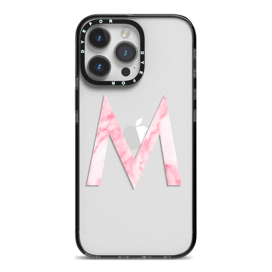 Personalised Pink Marble Initial Clear Custom iPhone 14 Pro Max Black Impact Case on Silver phone
