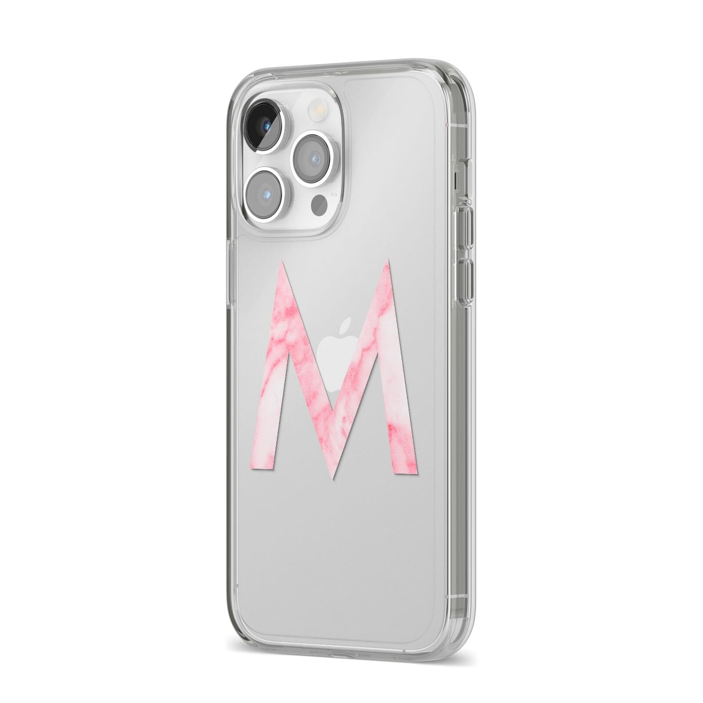 Personalised Pink Marble Initial Clear Custom iPhone 14 Pro Max Clear Tough Case Silver Angled Image