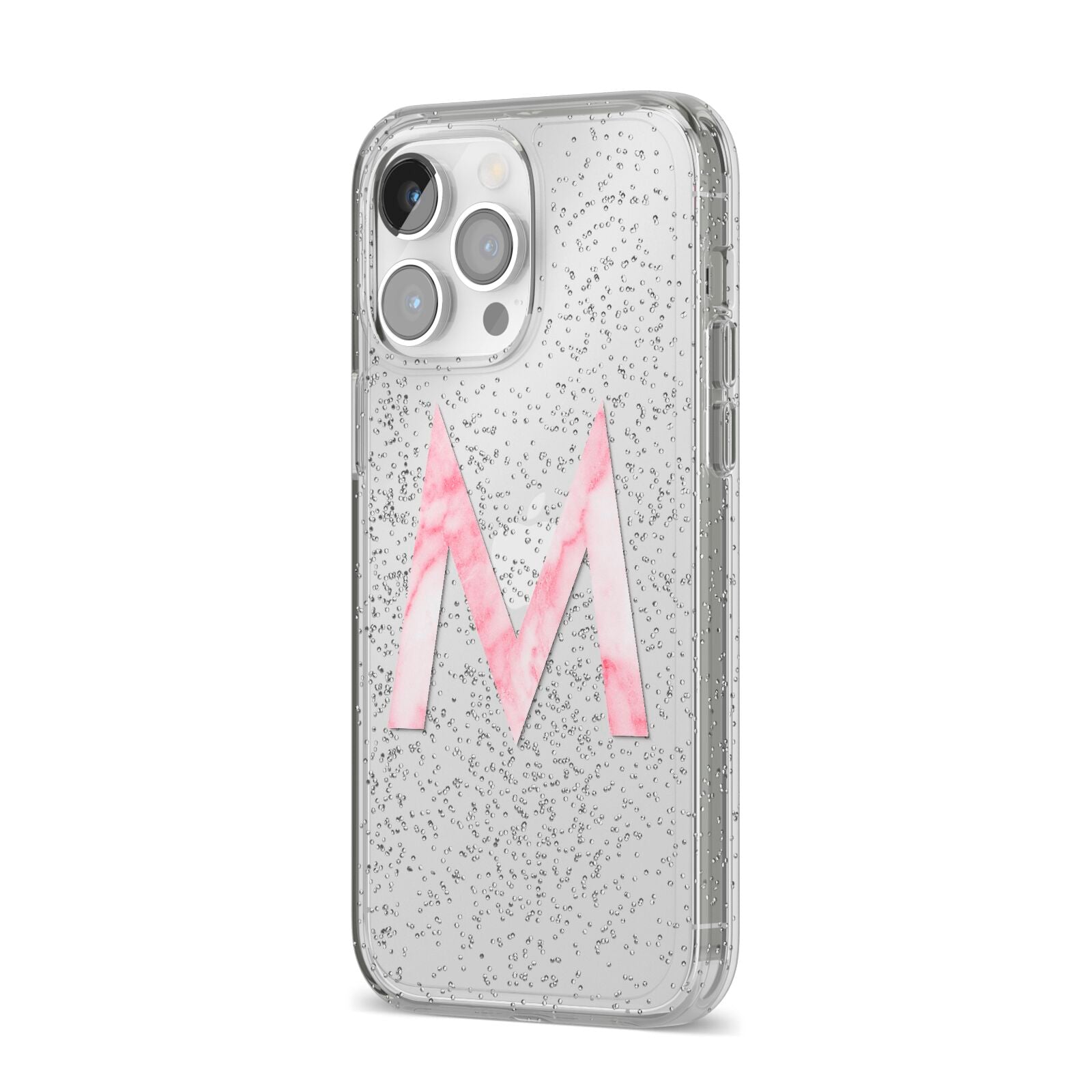 Personalised Pink Marble Initial Clear Custom iPhone 14 Pro Max Glitter Tough Case Silver Angled Image