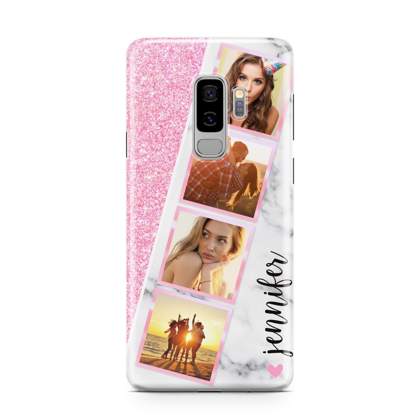 Personalised Pink Marble Photo Strip Samsung Galaxy S9 Plus Case on Silver phone