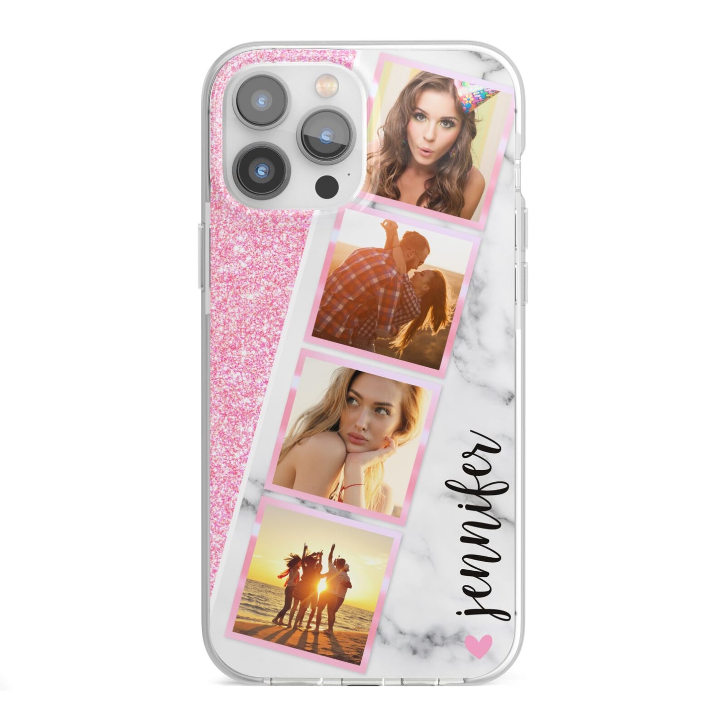 Personalised Pink Marble Photo Strip iPhone 13 Pro Max TPU Impact Case with White Edges