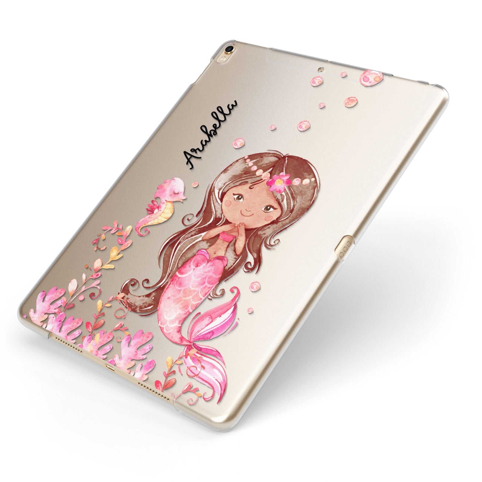 Personalised Pink Mermaid Apple iPad Case on Gold iPad Side View