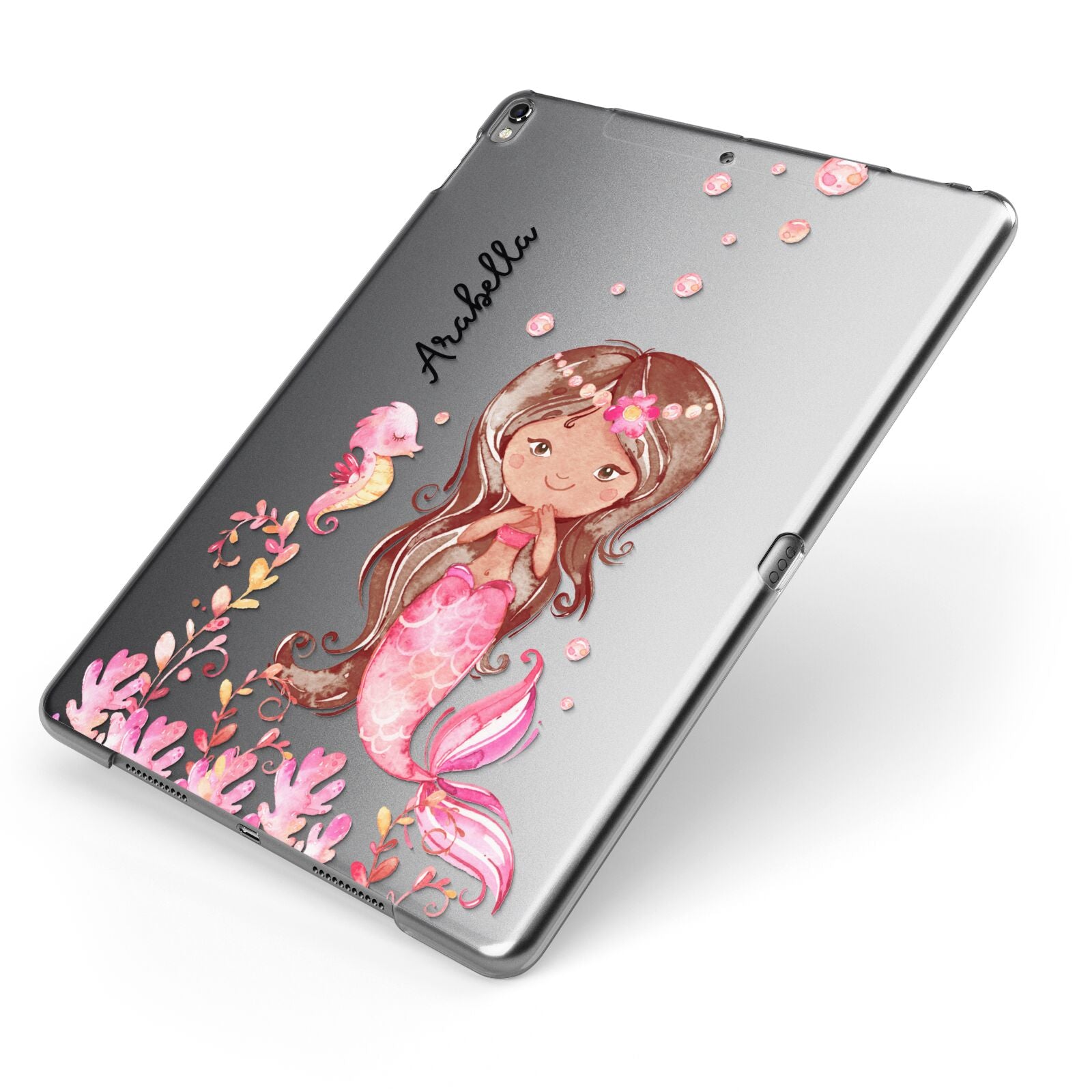 Personalised Pink Mermaid Apple iPad Case on Grey iPad Side View