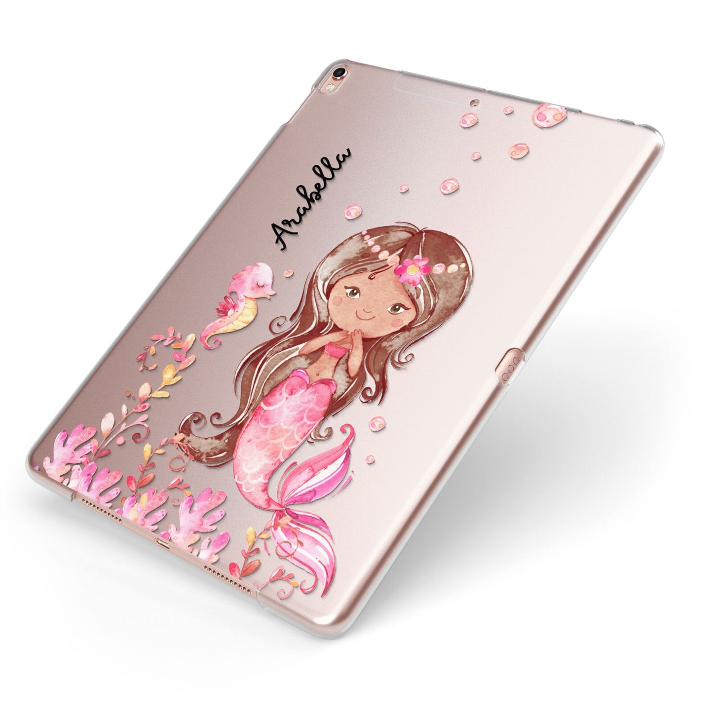 Personalised Pink Mermaid Apple iPad Case on Rose Gold iPad Side View