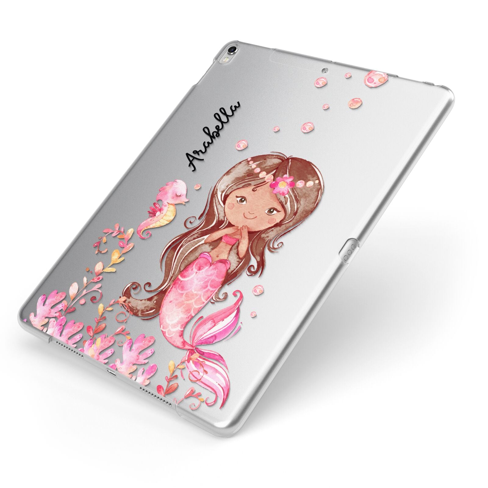 Personalised Pink Mermaid Apple iPad Case on Silver iPad Side View