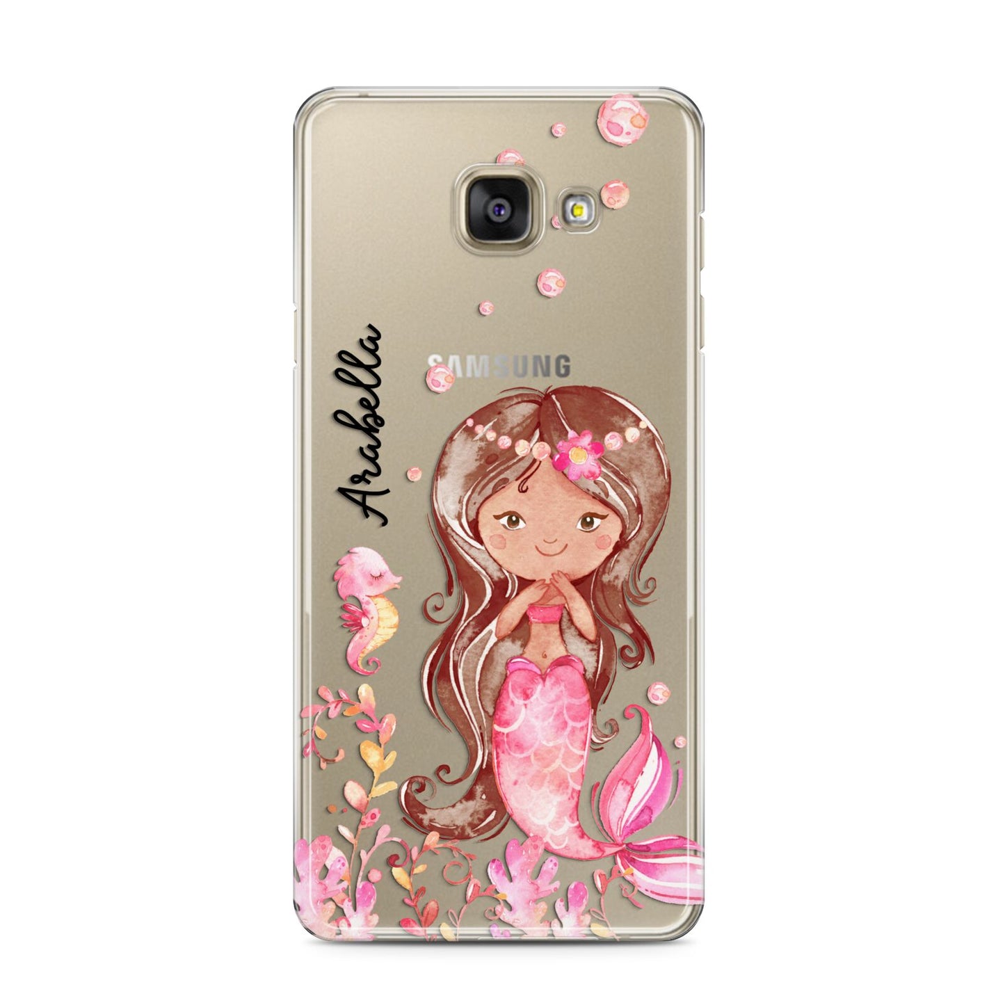 Personalised Pink Mermaid Samsung Galaxy A3 2016 Case on gold phone