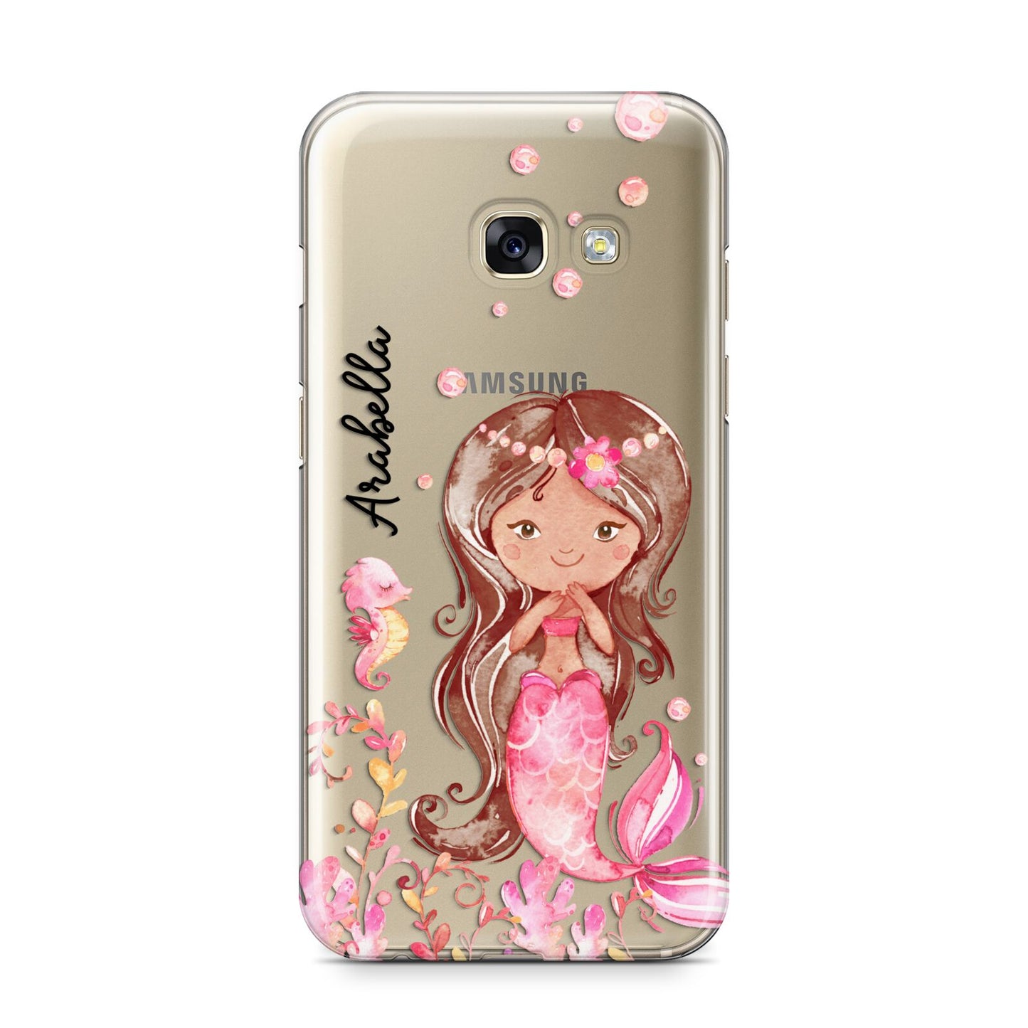 Personalised Pink Mermaid Samsung Galaxy A3 2017 Case on gold phone